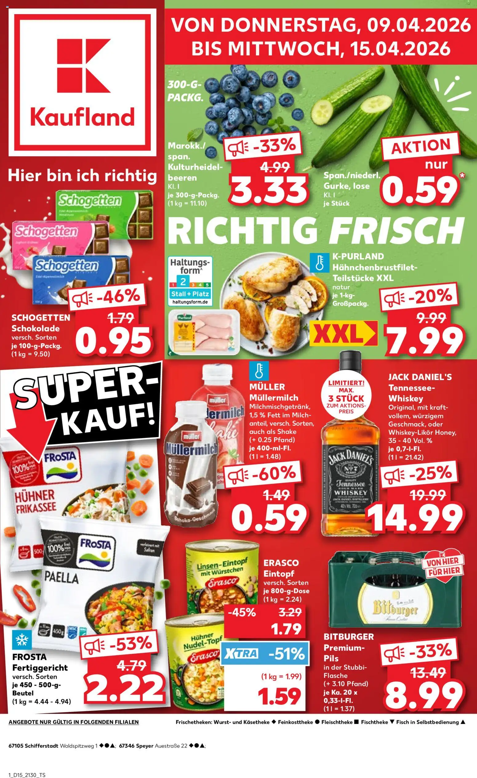 Kaufland Prospekt Speyer	 – gültig ab 09.04.2026 | Seite: 1 | Produkte: Schokolade, Jack Daniel's, Müllermilch, Muller mullermilch