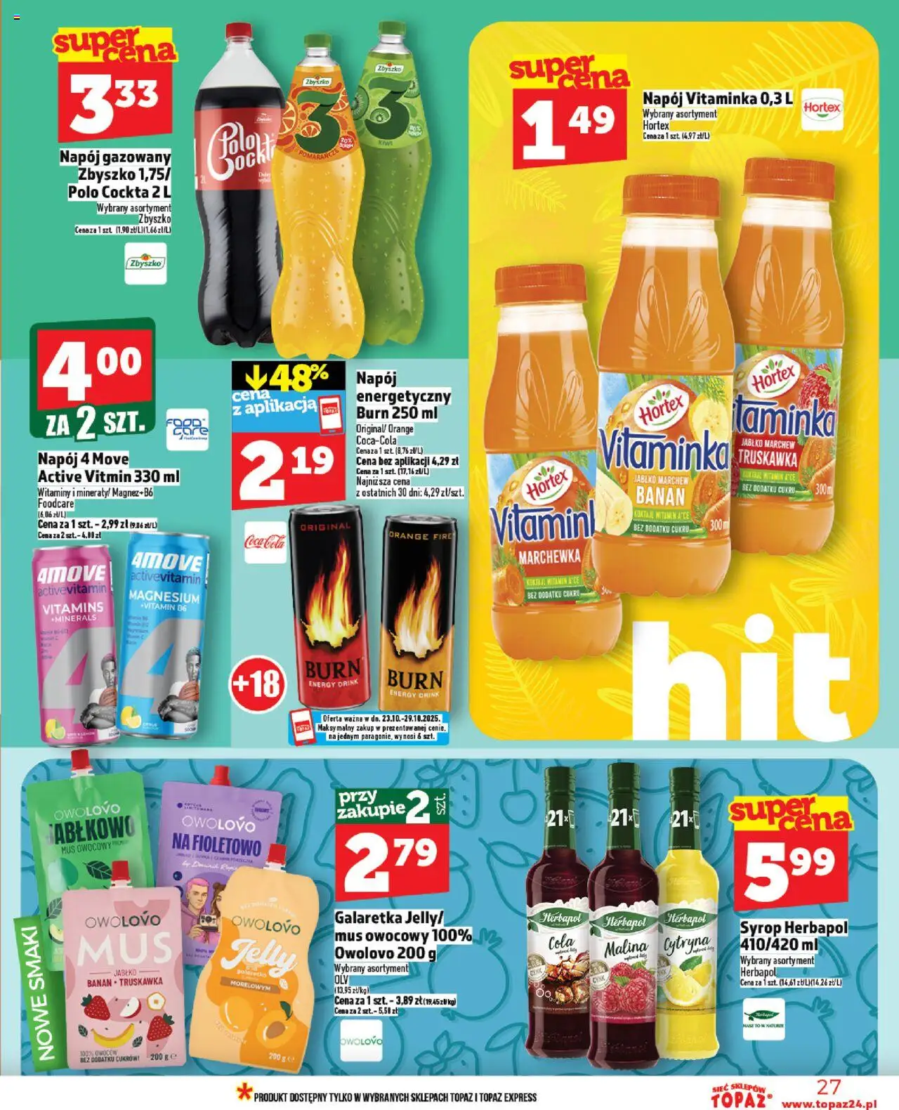 Topaz Gazetka od 23.10.2025 | Strona: 27 | Produkty: Syrop, Malina, Galaretka, Coca cola