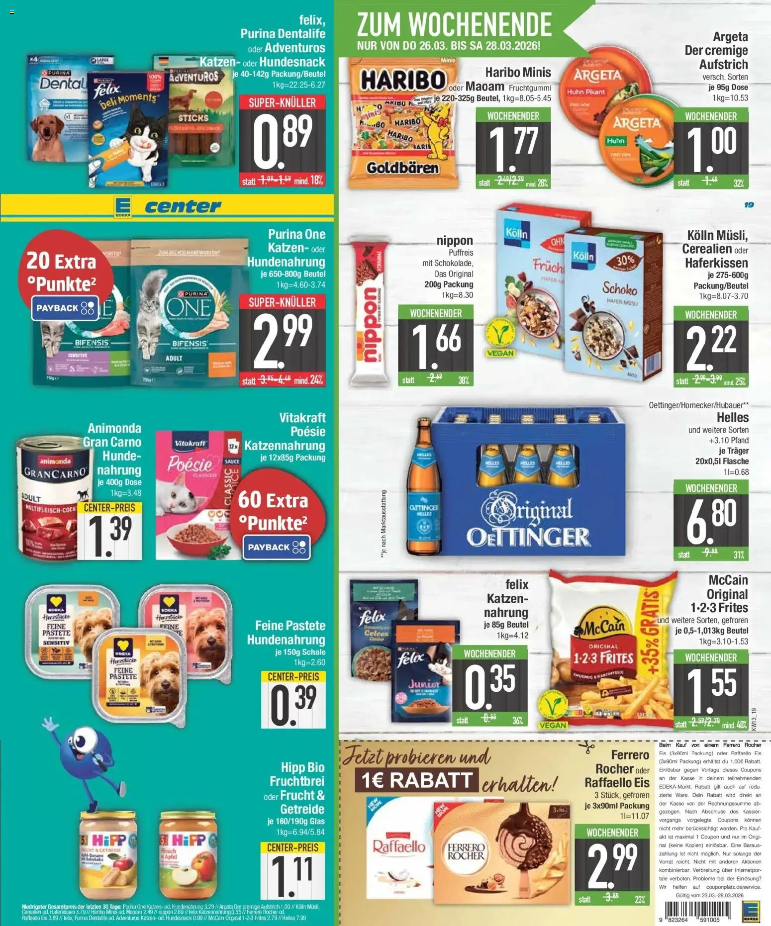 E center Prospekt München	 – gültig ab 23.03.2026 | Seite: 19 | Produkte: Purina one, McCain, Getreide, Eis