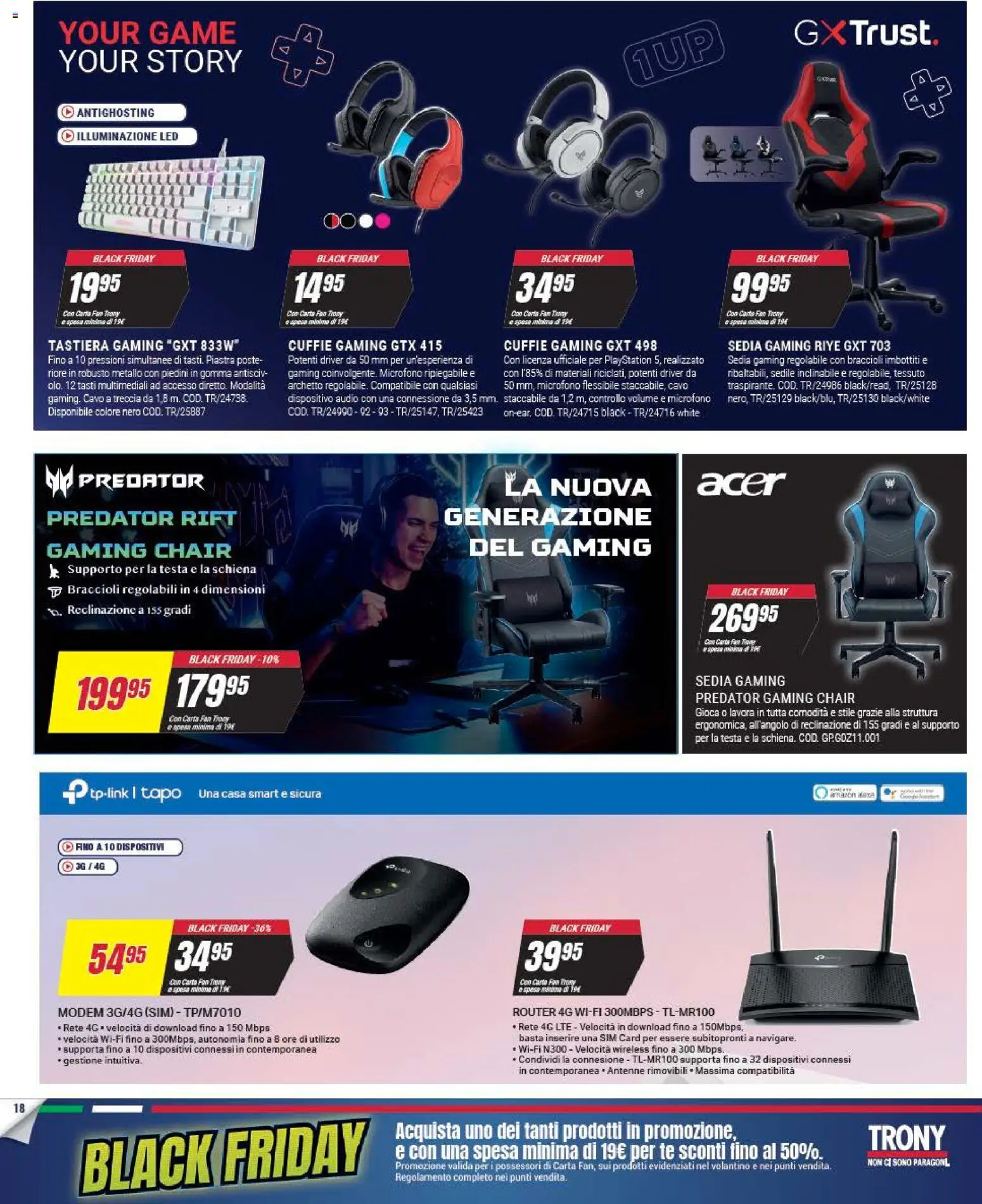 Volantino Trony del 25.11.2025 | Pagina: 18 | Prodotti: Router, Tastiera, Cavo, Sedia
