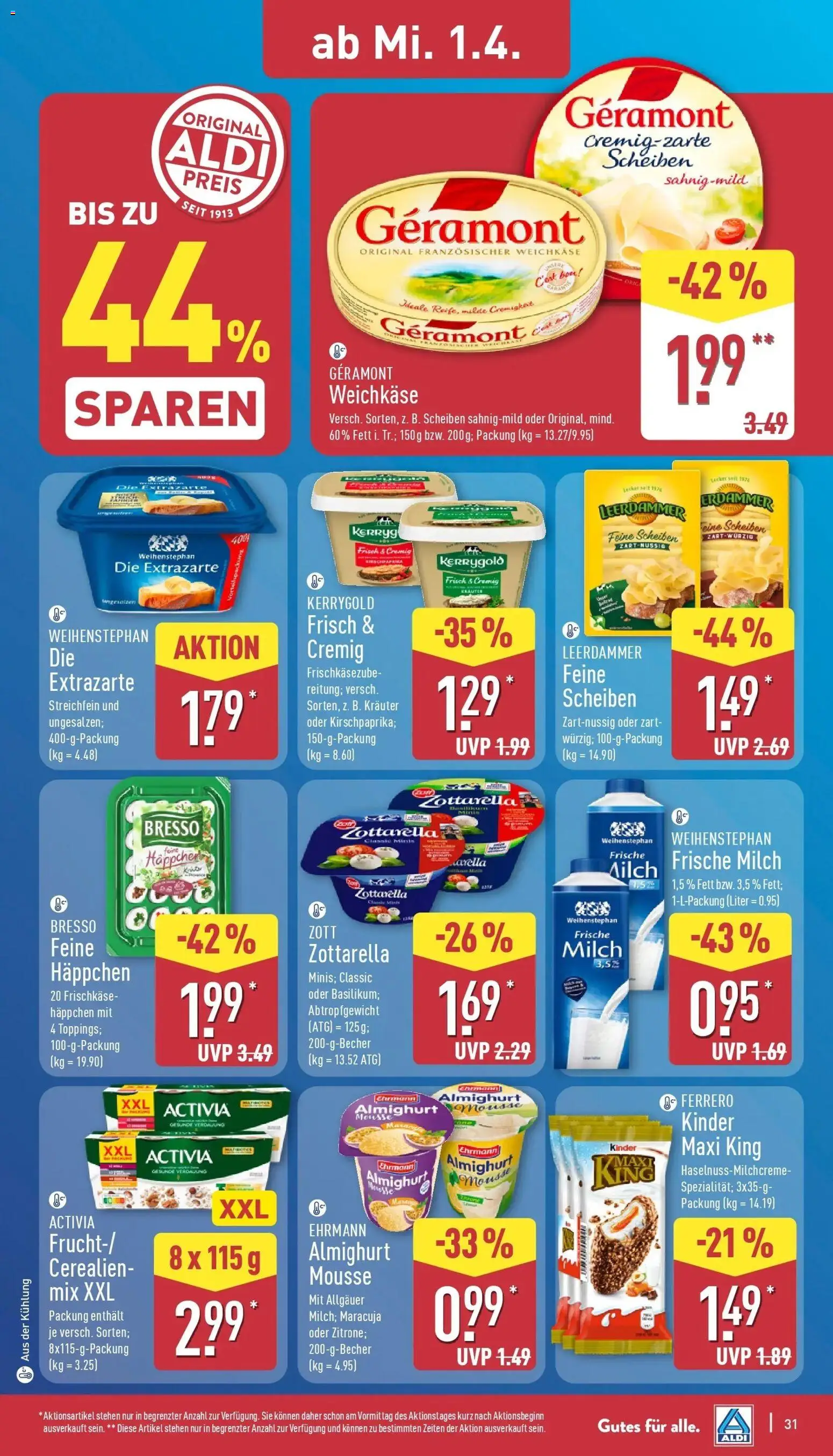 Aldi Wochenangebote – gültig ab 30.03.2026 | Seite: 32 | Produkte: Activia, Bresso, Leerdammer, Frischkase