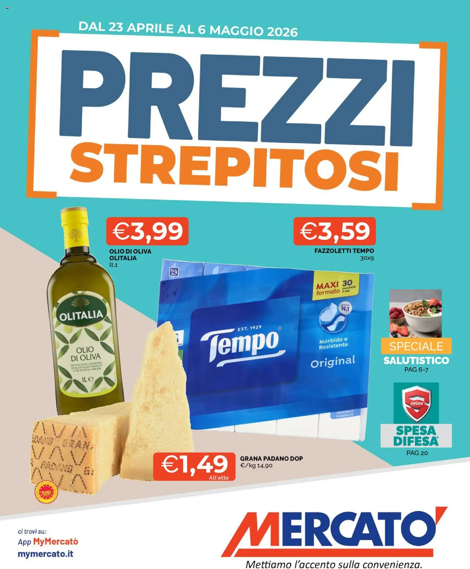 Volantino Mercatò del 23.04.2026 | Pagina: 1 | Prodotti: Fazzoletti, Olio, Grana Padano, Olio di Oliva