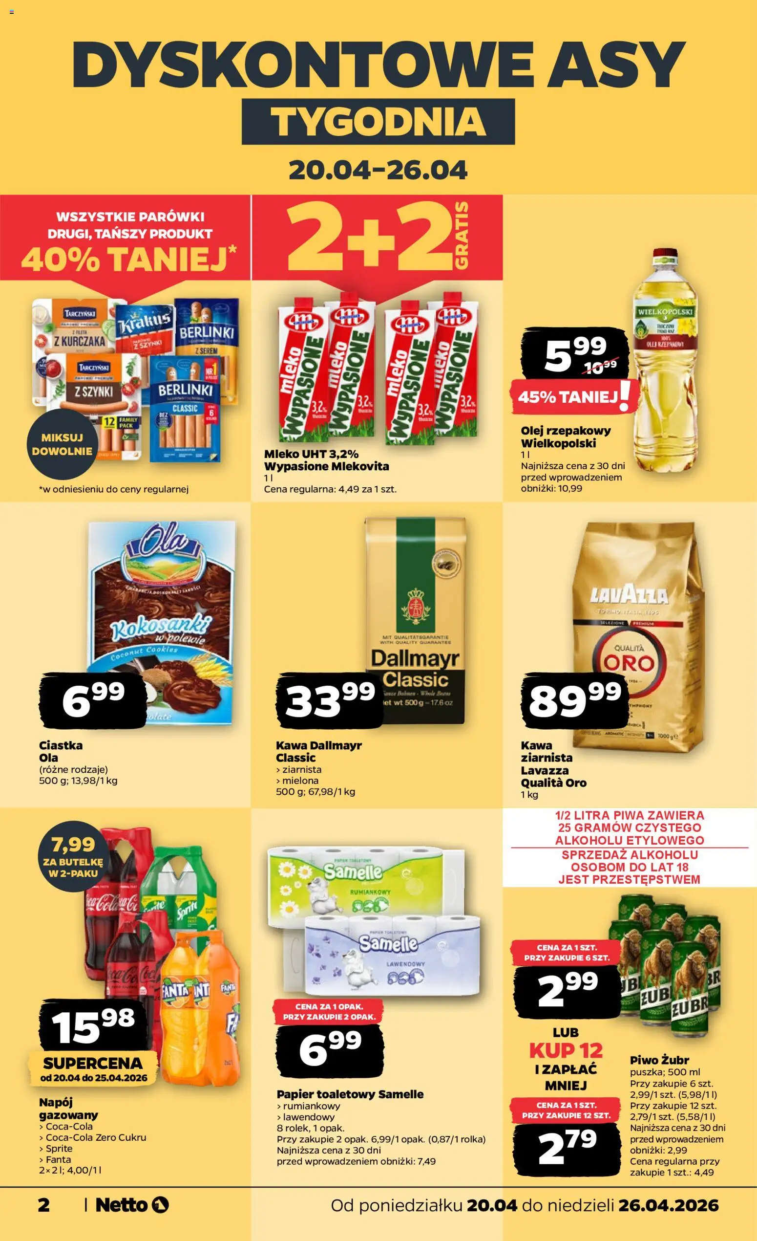 Netto gazetka od poniedziałku spożywcza od 20.04.2026 | Strona: 2 | Produkty: Olej rzepakowy, Lavazza, Sprite, Piwo