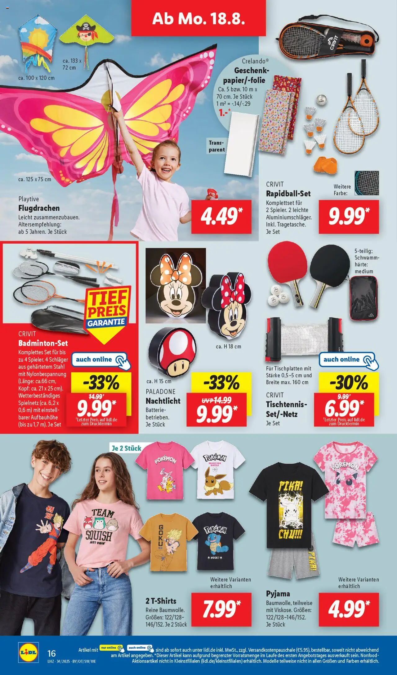 Lidl Prospekt Aarbergen - gültig ab dem 18.08.2025 | Seite: 8 | Produkte: Batterie, Nachtlicht, Badmintonset, Pyjama
