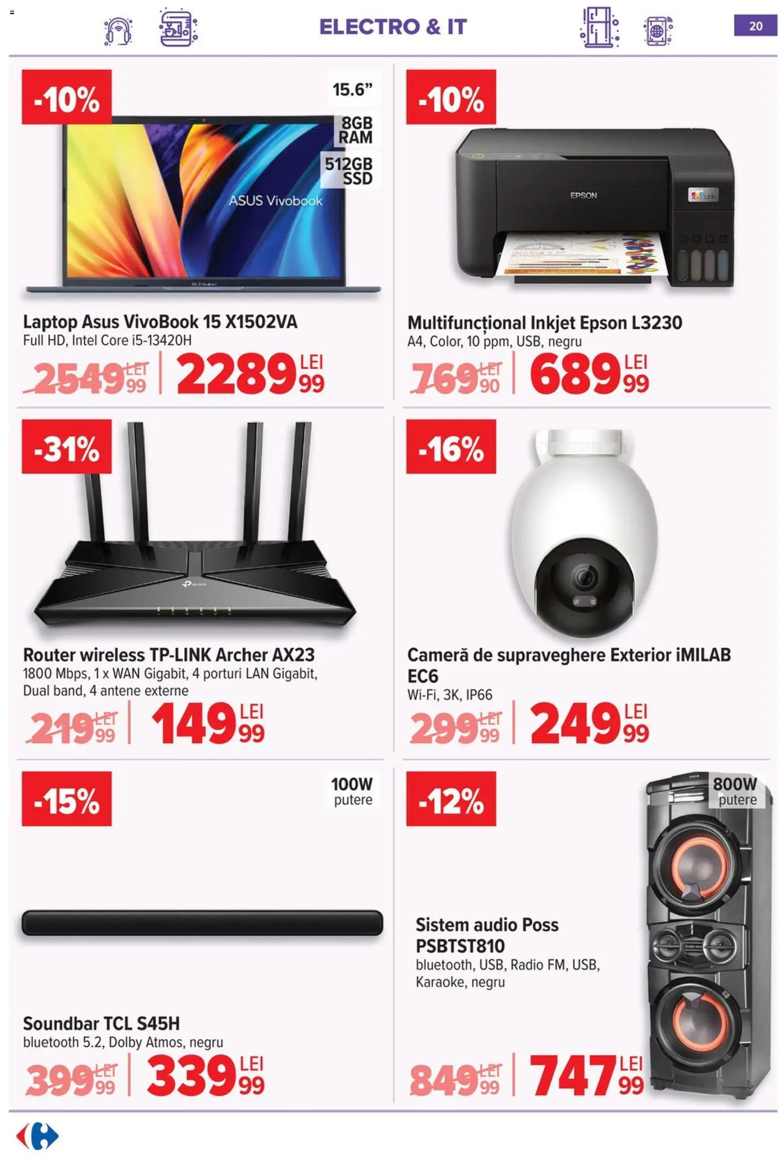 Noul catalog Carrefour – valabil de la 15.04.2026 | Pagină: 22 | Produse: Soundbar, Router, Audio, Cameră