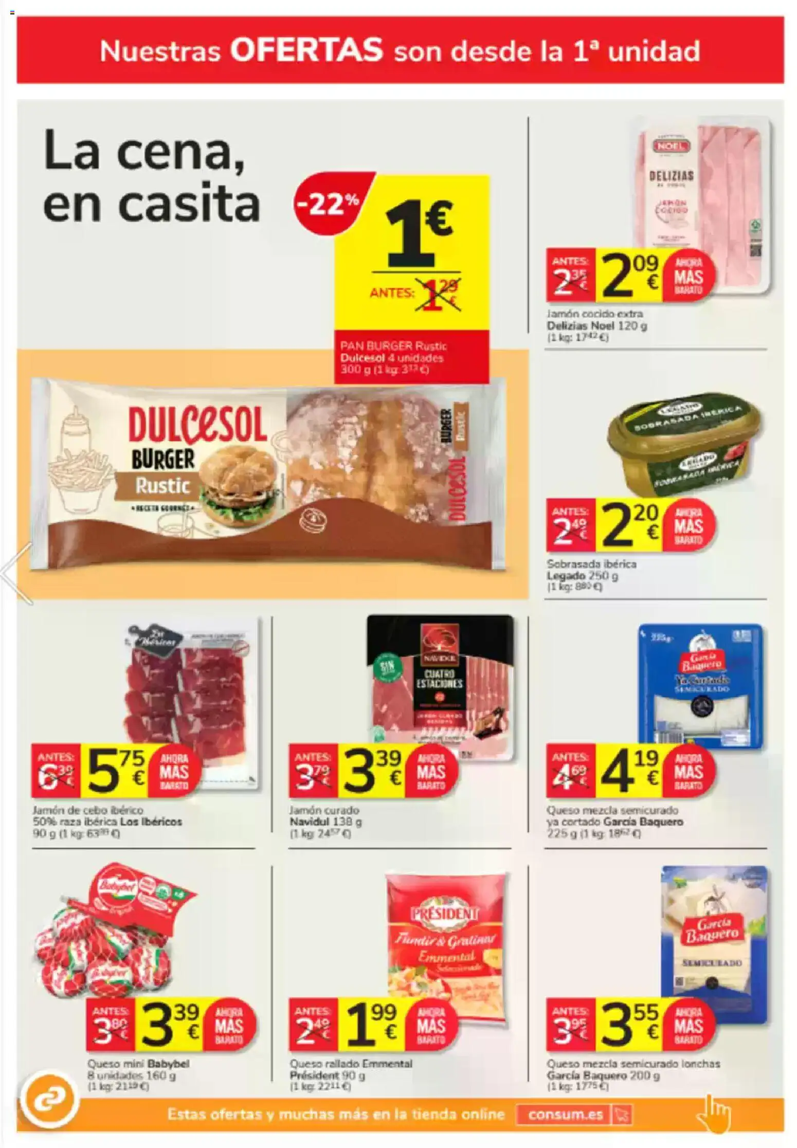 Consum folleto │ válido desde el 23.10.2025 | Página: 28 | Productos: Queso, Pan, Jamón cocido, Sobrasada