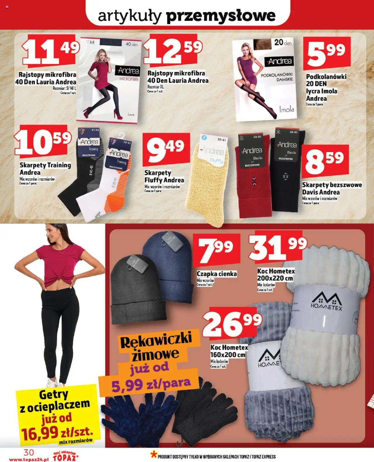 Topaz Gazetka od 23.10.2025 | Strona: 30 | Produkty: Skarpety, Czapka, Rajstopy, Koc