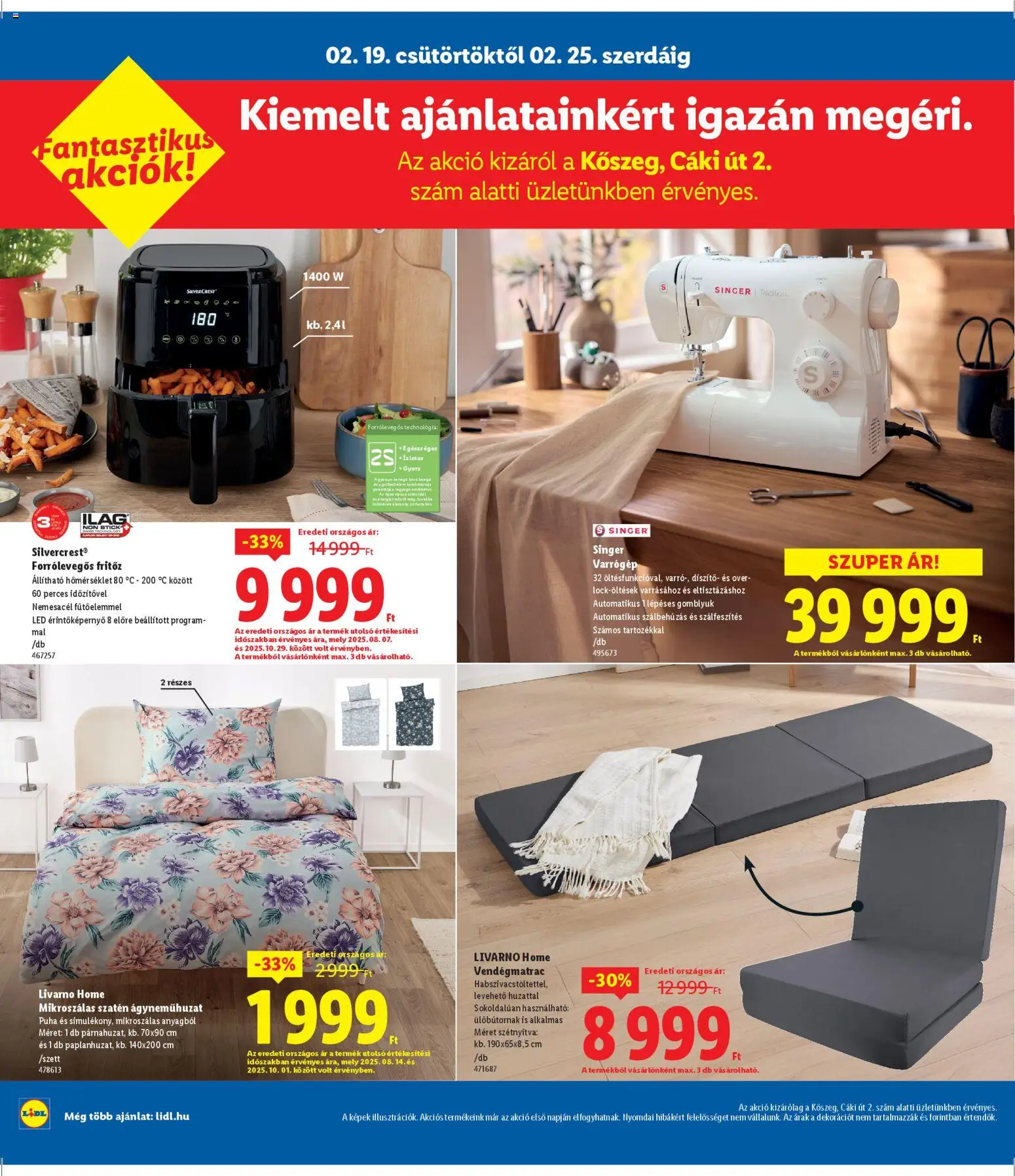 Lidl akciós ujság - amely érvényes a következő dátumtól: 19.02.2026 | Oldal: 8 | Termékek: Fritőz, Varrógép, Ágyneműhuzat