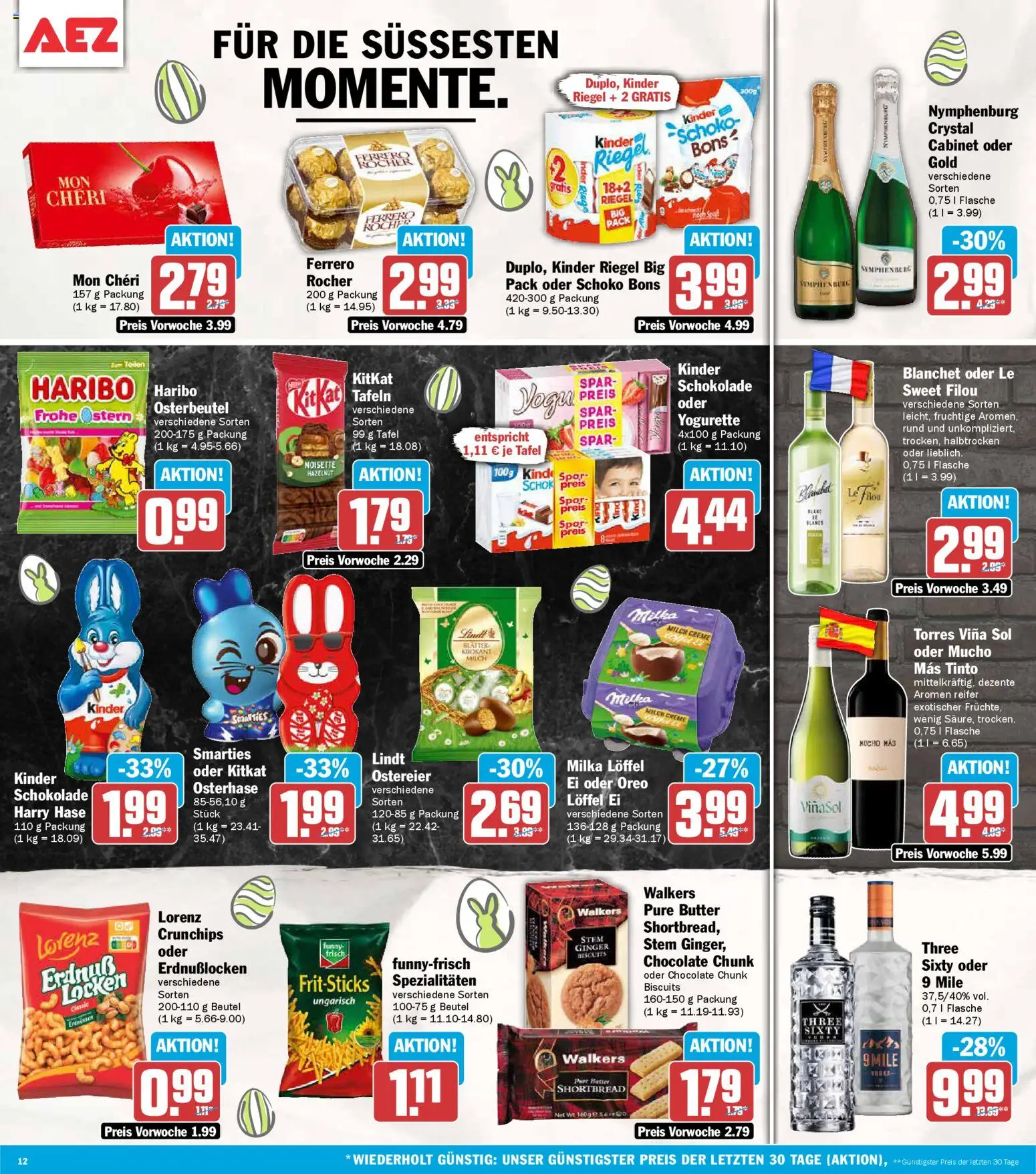 AEZ Prospekt 	 – gültig ab 23.03.2026 | Seite: 12 | Produkte: Kinder schokolade, Ferrero rocher, Milch, Butter