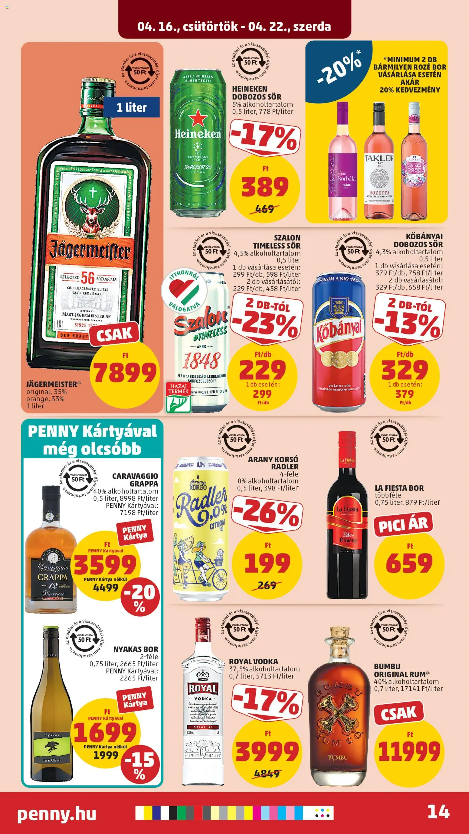 PENNY akciós ujság - amely érvényes a következő dátumtól: 16.04.2026 | Oldal: 18 | Termékek: Jägermeister, Heineken, Rum, Grappa