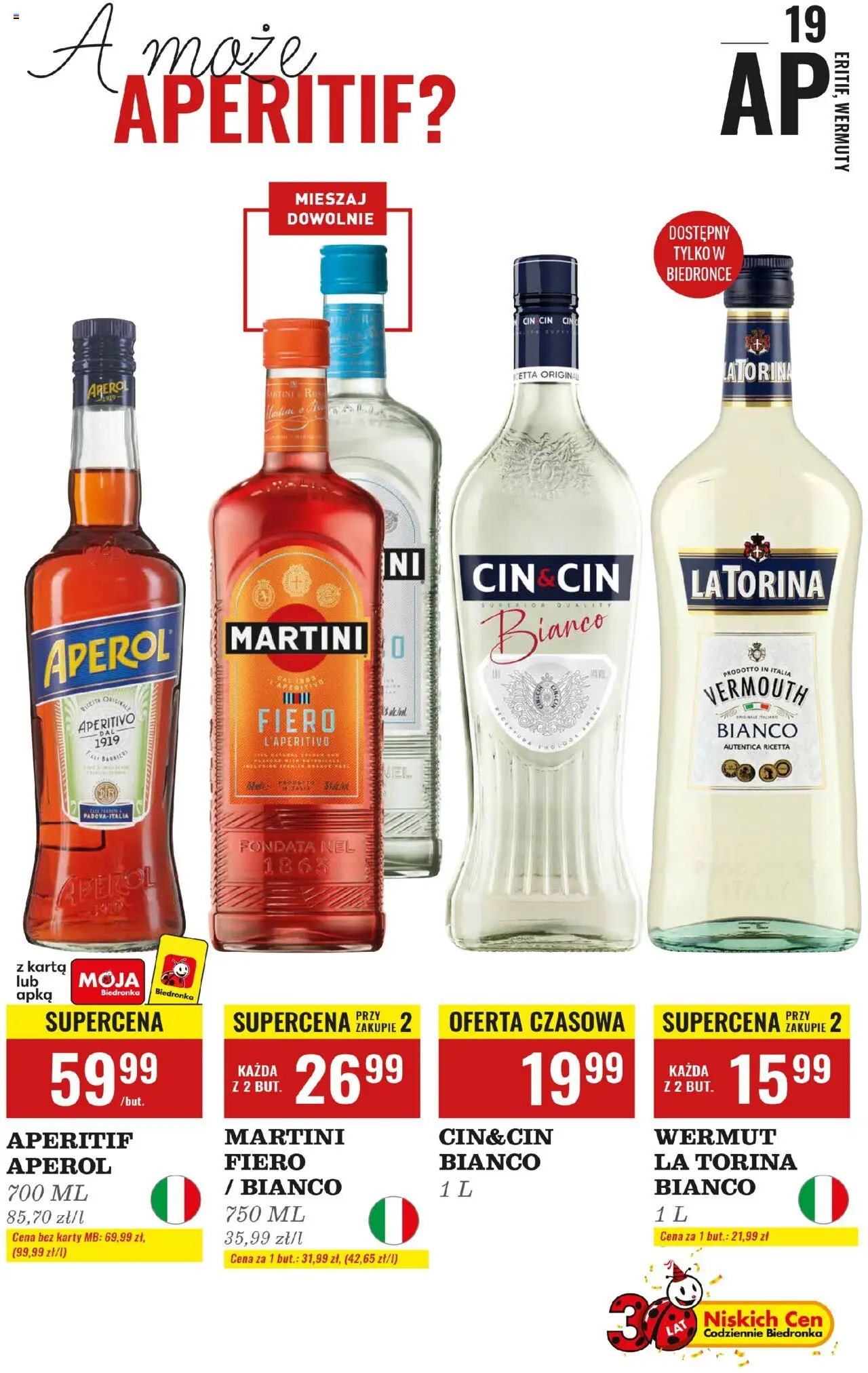 Biedronka gazetka - Czas na toast od 20.10.2025 | Strona: 19 | Produkty: Karta, Martini, Cin&cin bianco, Aperol