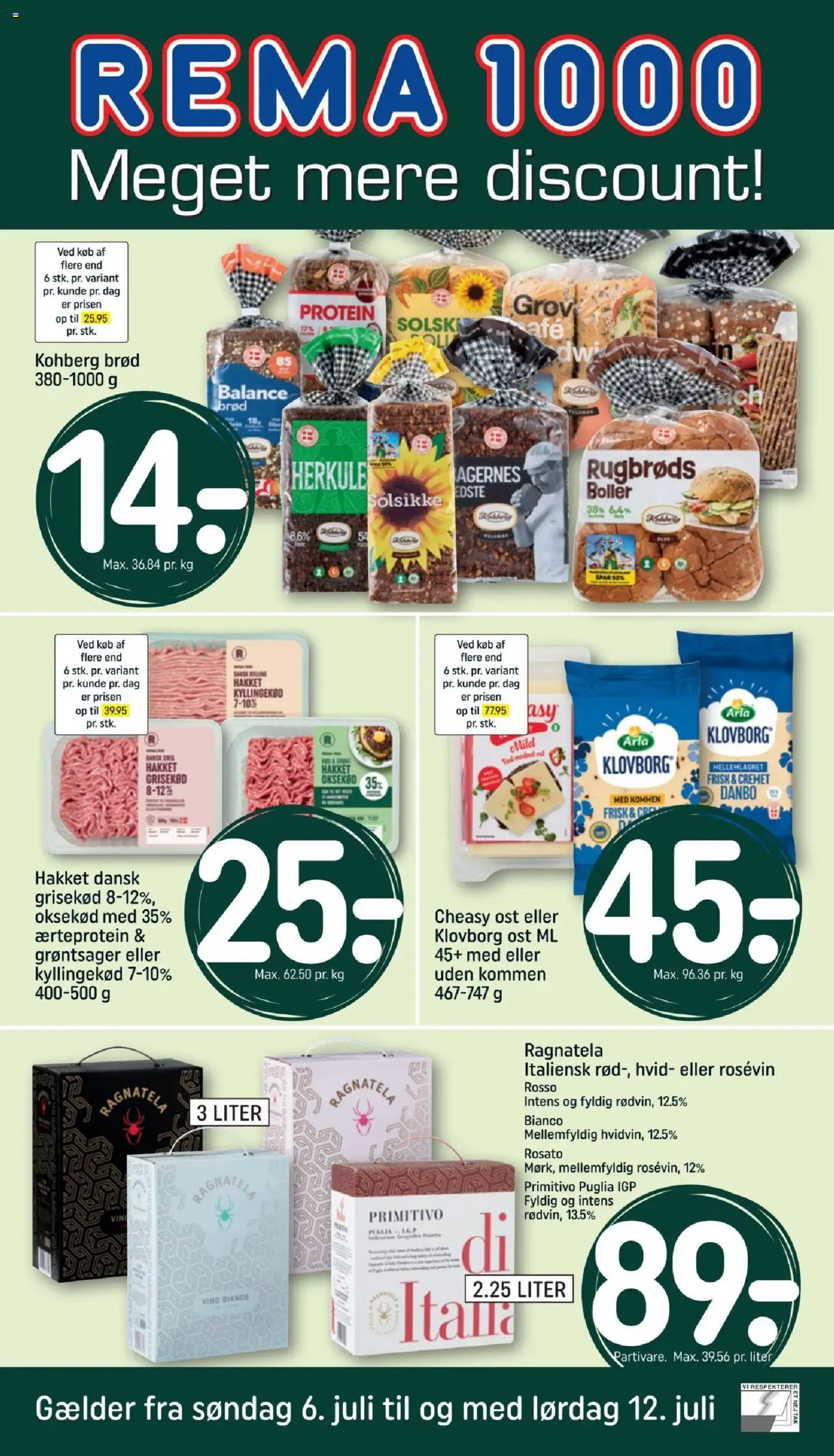 Rema 1000 Tilbudsavis gyldig fra 06.07.2025 | Side: 1 | Produkter: Ost, Brød, Kyllingekød, Oksekød