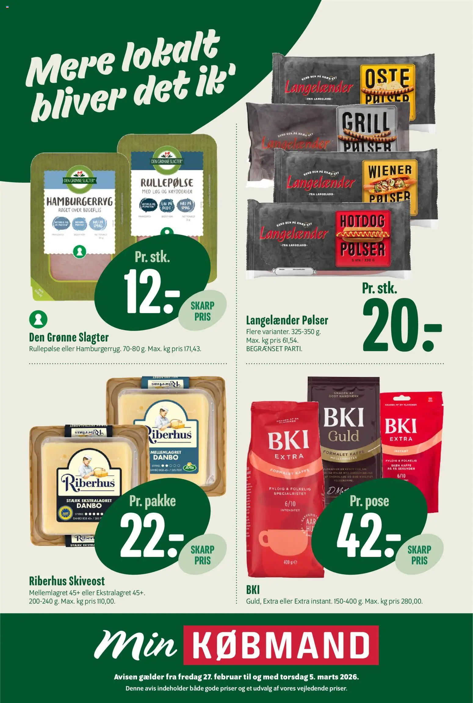 Min Købmand tilbudsavis – gyldig fra 27.02.2026 | Side: 1 | Produkter: Kaffe, Chokolade, Løg, Hamburgerryg