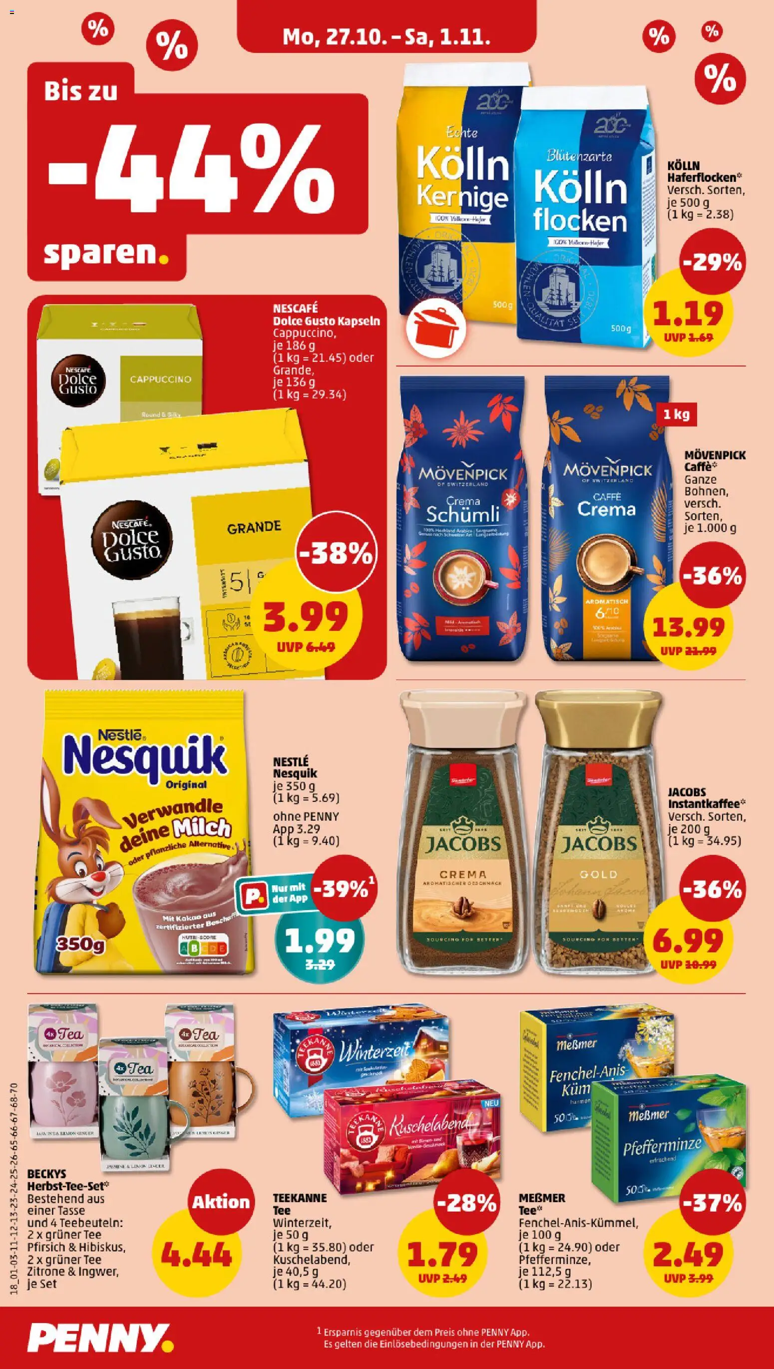 Penny Prospekt 	 – gültig ab 27.10.2025 | Seite: 20 | Produkte: Kolln haferflocken, Teekanne, Dolce Gusto kapseln, Flocken