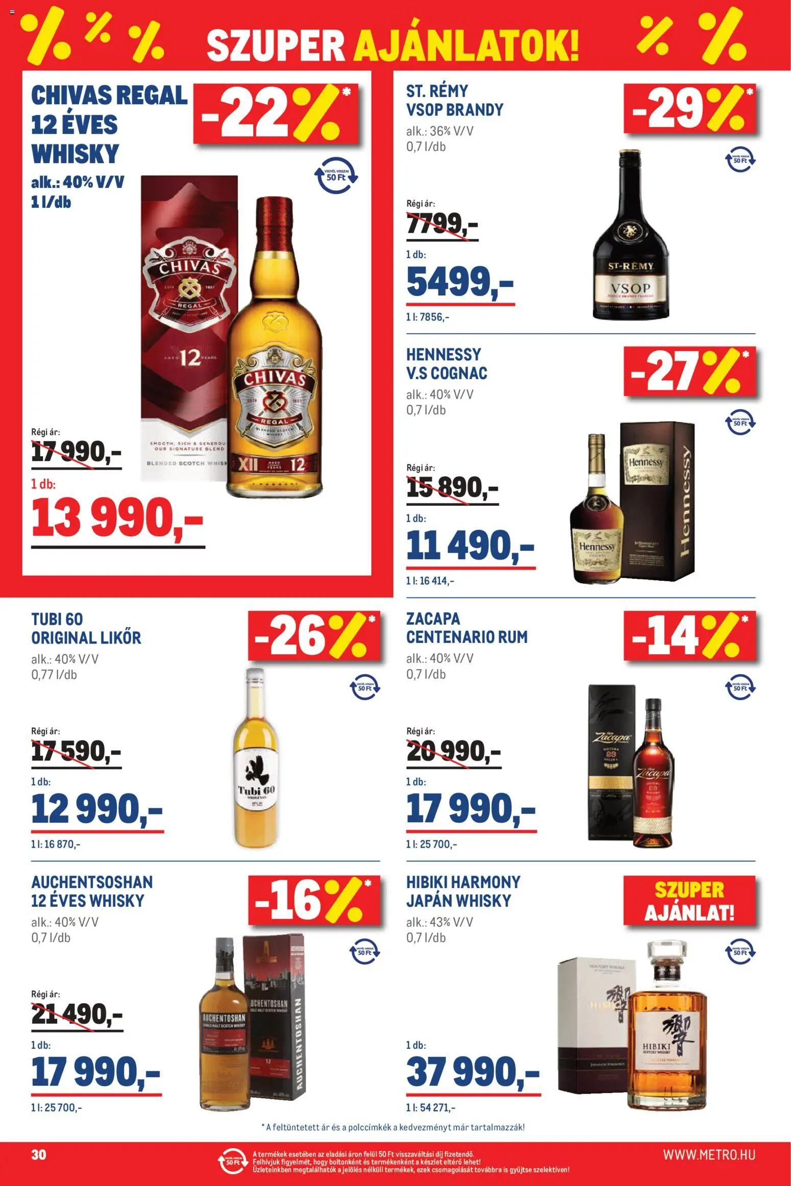Metro akciós ujság - amely érvényes a következő dátumtól: 02.05.2026 | Oldal: 30 | Termékek: Brandy, Rum, Likőr, Whisky