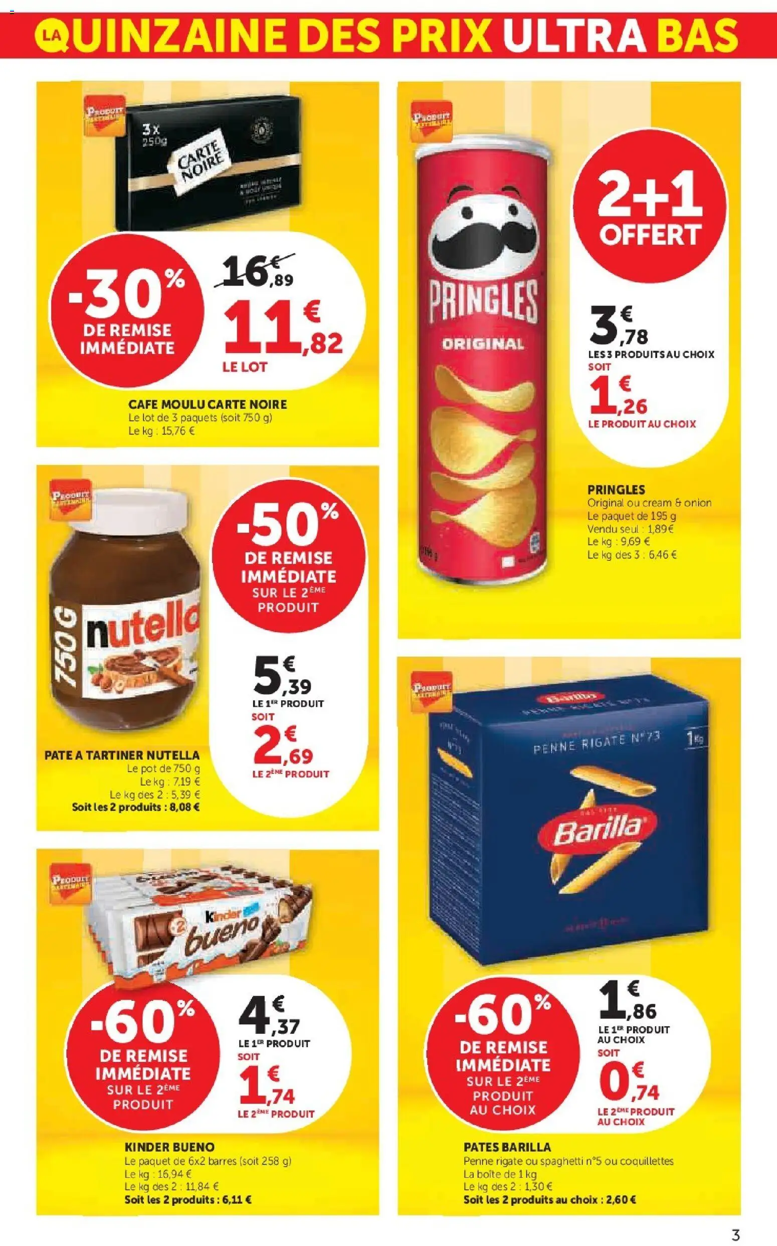 {H1} | Page: 3 | Produits: Pâte à tartiner, Kinder Bueno, Café, Coquillettes