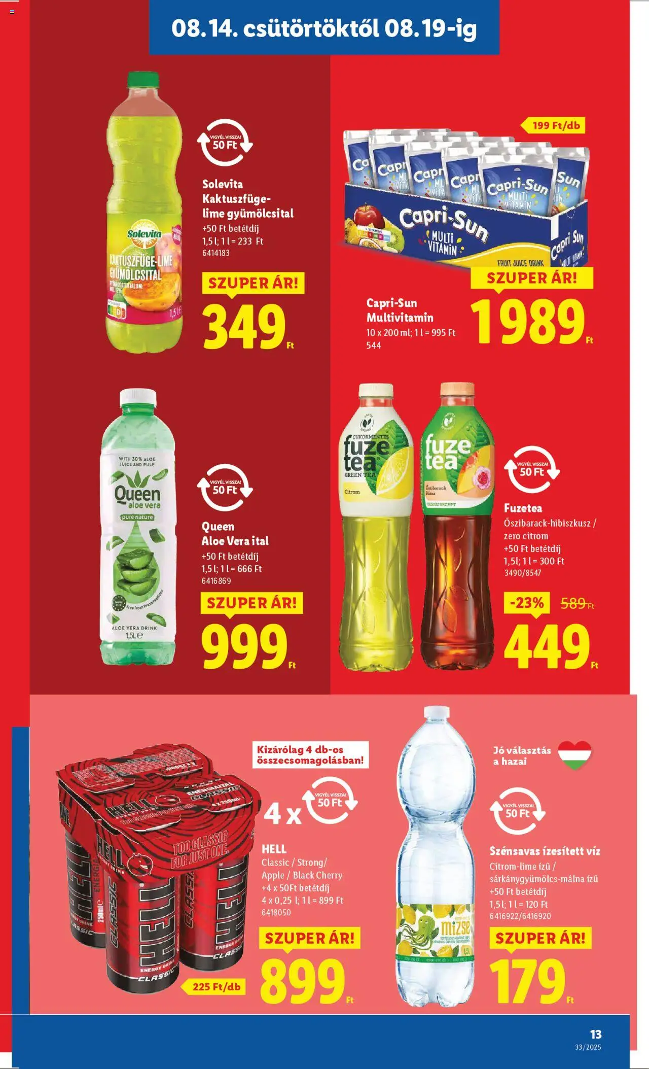 Lidl akciós ujság - amely érvényes a következő dátumtól: 14.08.2025 | Oldal: 13 | Termékek: Capri Sun, Lime, Aloe vera ital, Multivitamin