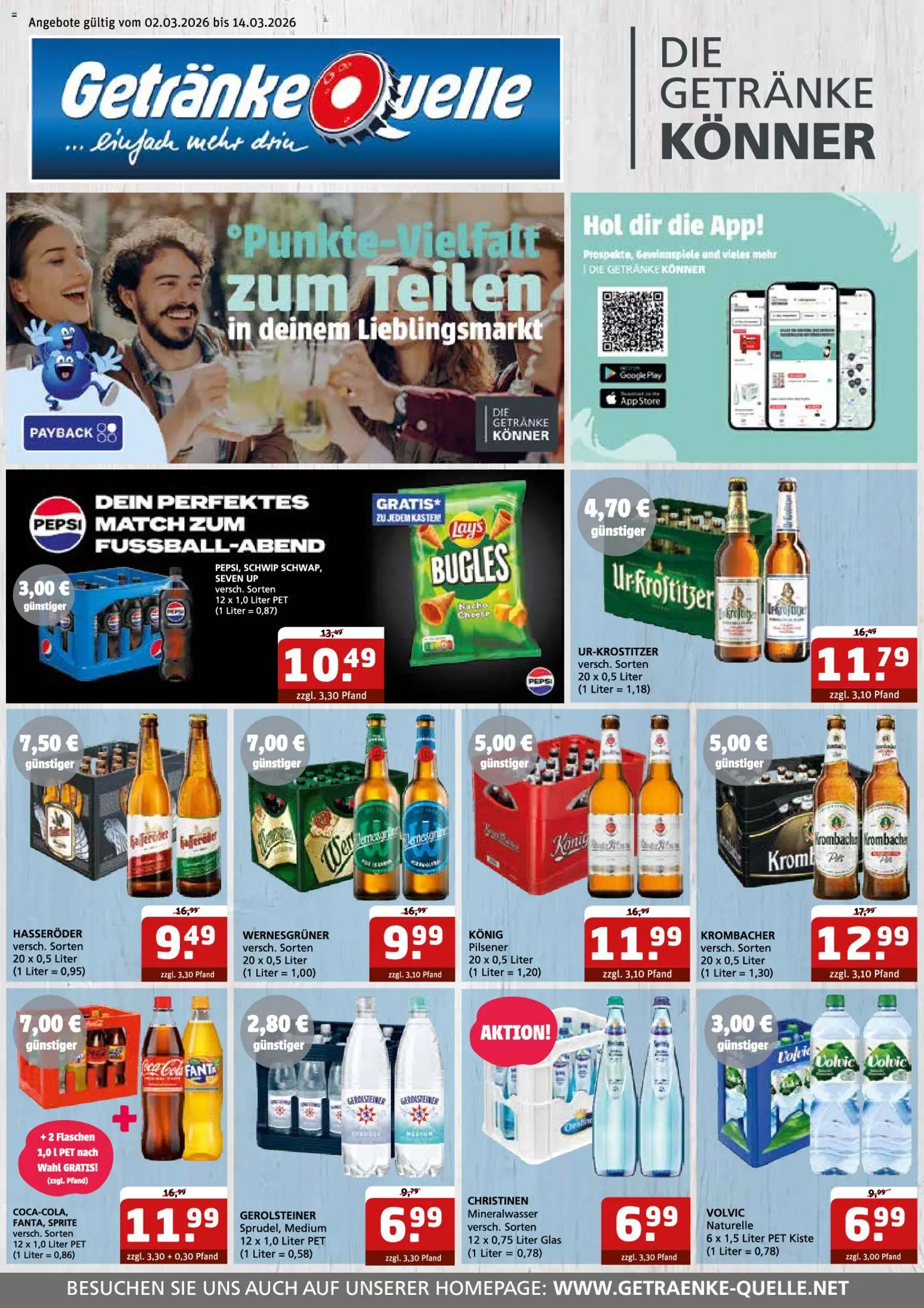 Getränke Quelle Prospekt 	 – gültig ab 02.03.2026 | Seite: 1 | Produkte: Sprite, Wernesgruner, Krombacher, Volvic