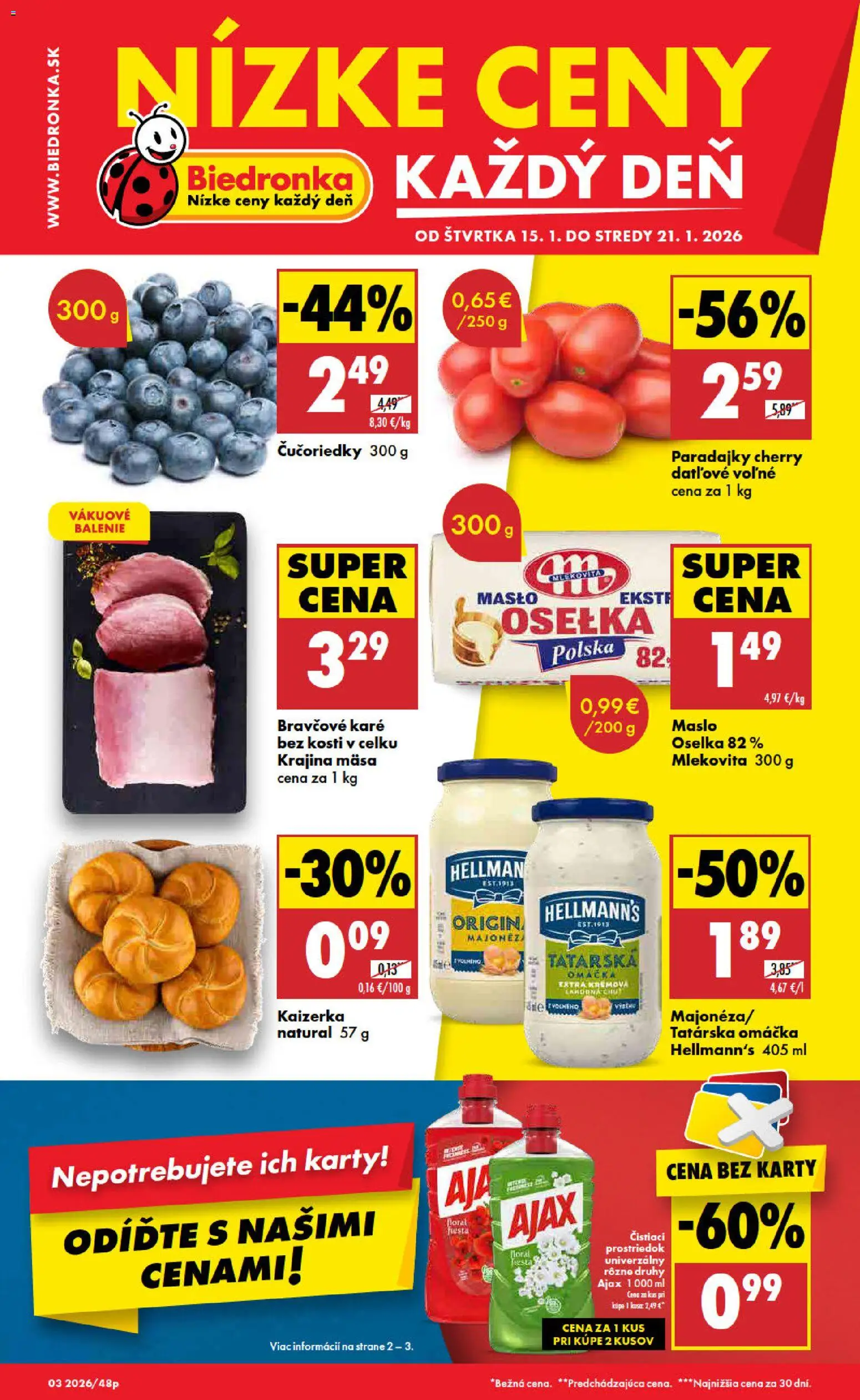 Nové Biedronka akcie – leták je platný od 15.01.2026 | Strana: 1 | Produkty: Maslo, Čučoriedky, Omáčka, Bravčové karé