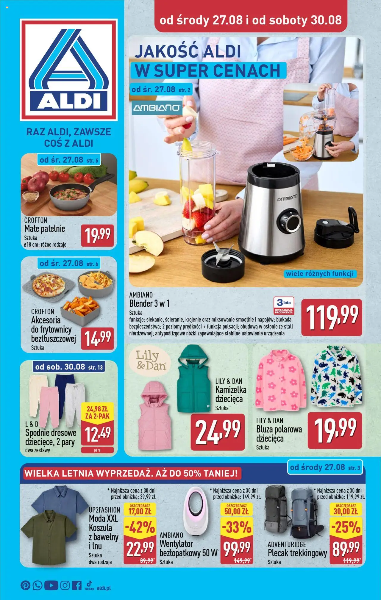 Aldi Gazetka - Hity od Środy i od Soboty od 27.08.2025 | Strona: 1 | Produkty: Spodnie, Plecak, Smoothie, Patelnie