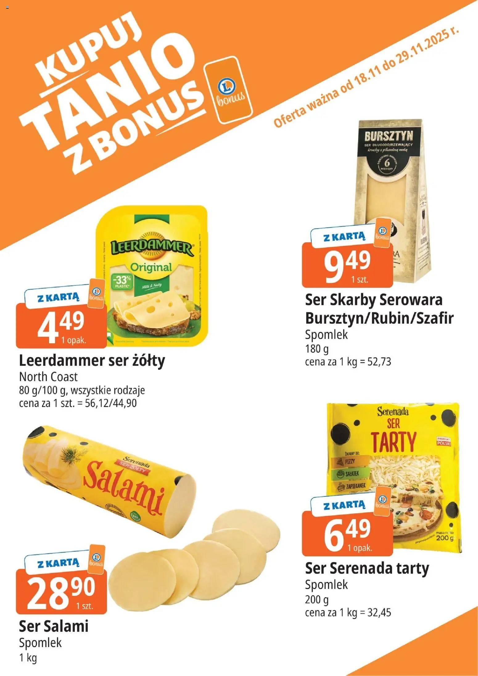 E.Leclerc Gazetka - Warszawa Ursynów kupony dodatkowe od 18.11.2025 | Strona: 4 | Produkty: Ser żółty, Karta, Ser, Salami