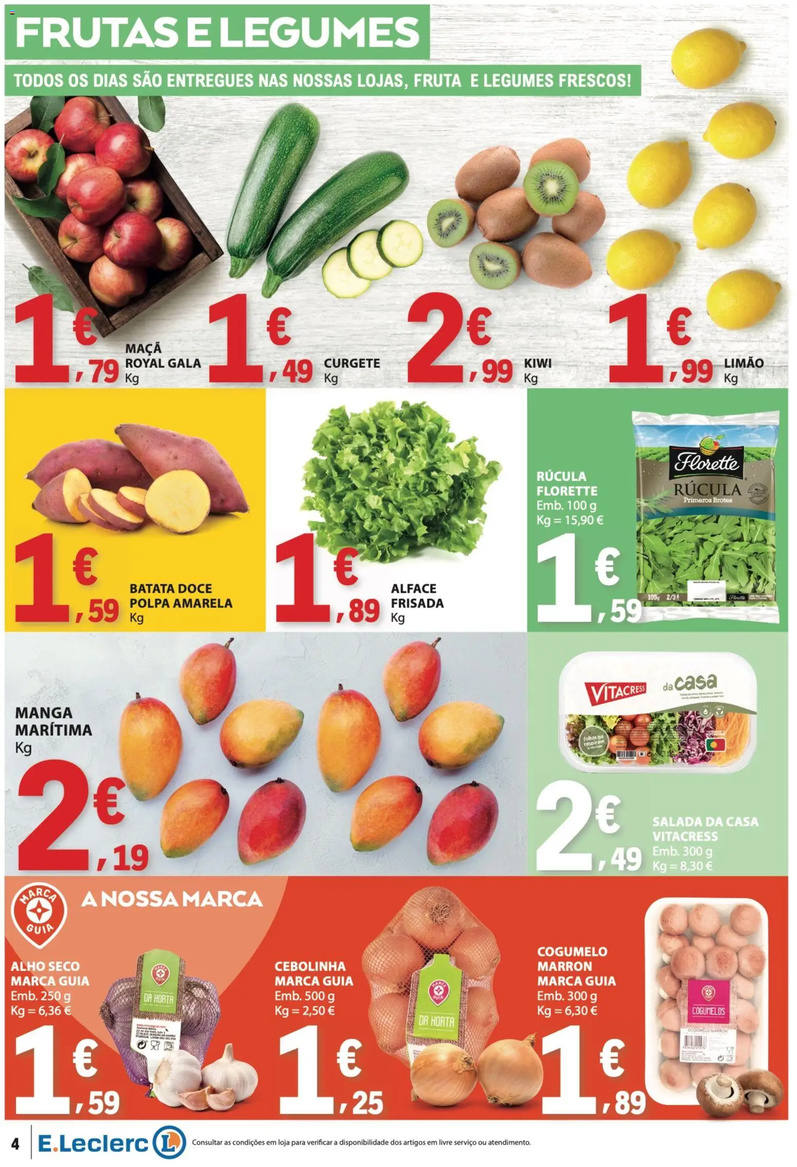 E.Leclerc folheto │ válido de 23.04.2026 | Página: 4 | Produtos: Curgete, Rúcula, Maça, Alface