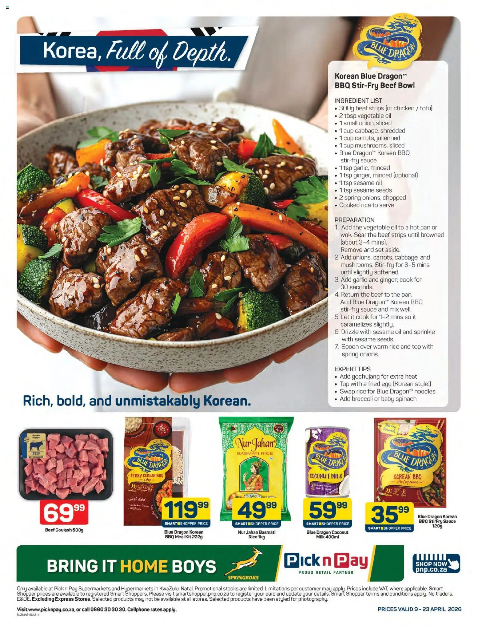 New Pick n Pay catalogue – valid from 09.04.2026 | Page: 4 | Products: Milk, Rice, Beef, Sauce