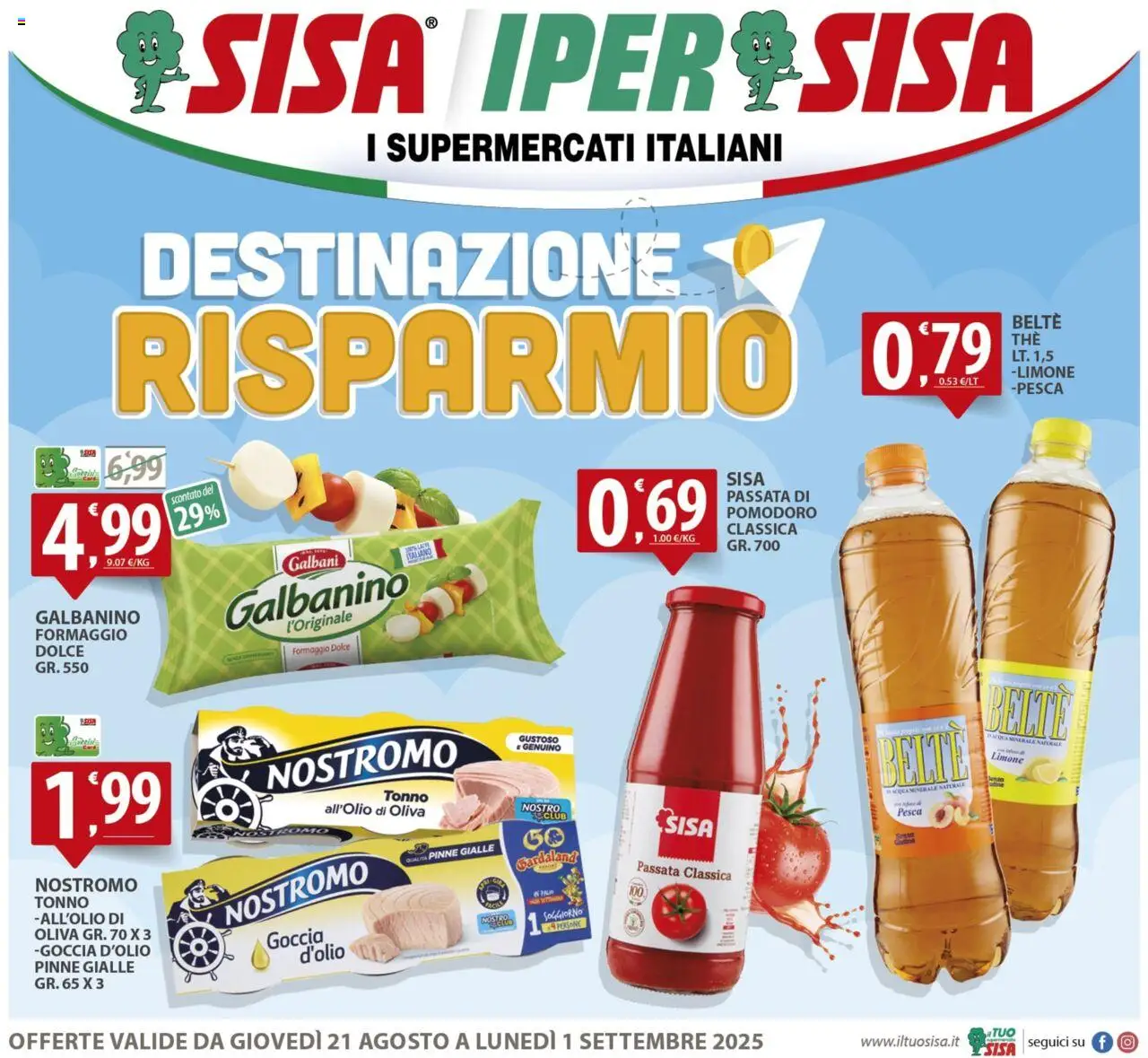 Volantino SISA del 21.08.2025 | Pagina: 1 | Prodotti: Pomodoro, Limone, Pesca, Pinne