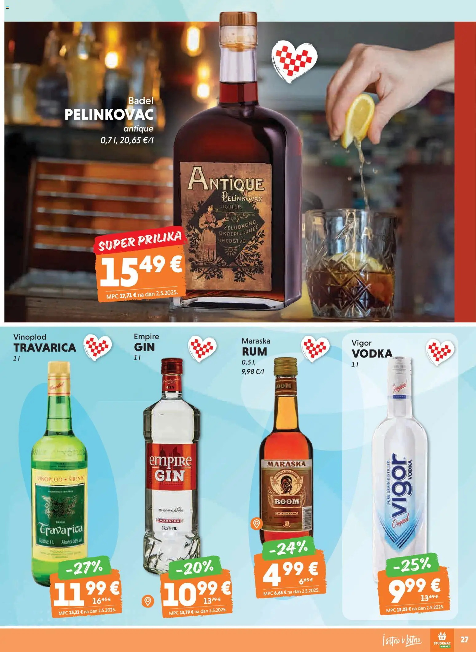 Studenac katalog | vrijedi od 28.01.2026 | Stranica: 27 | Proizvodi: Pelinkovac, Travarica, Alkohol, Vodka