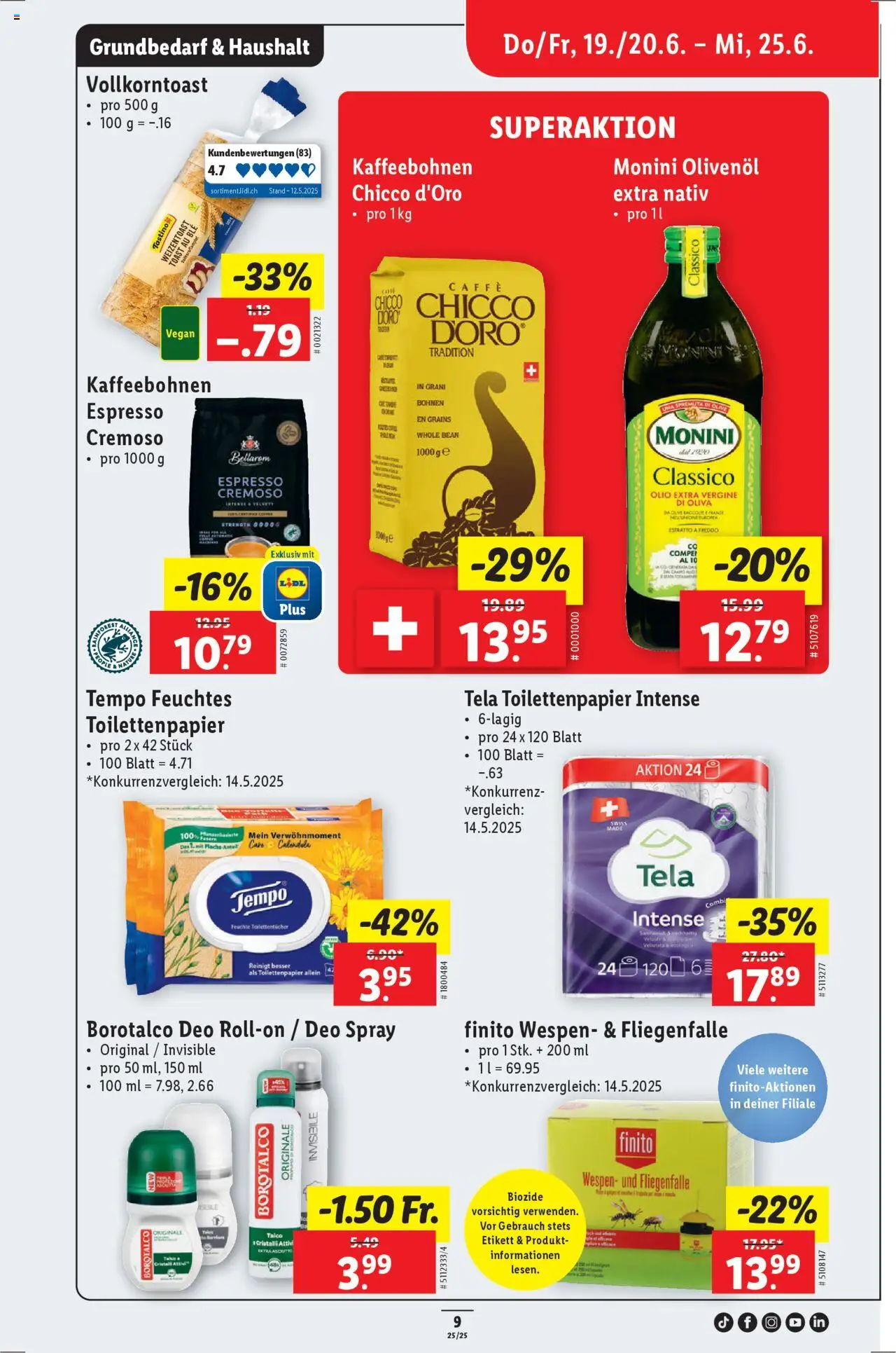 Lidl Aktionen ab 19.06.2025 | Seite: 9 | Produkte: Deodorant, Feuchtes Toilettenpapier, Deo Roll-On, Toilettenpapier