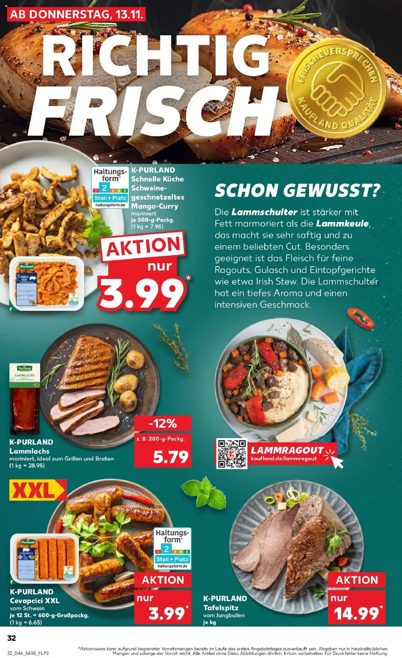 Kaufland prospekt Neu-Ulm	 – gültig ab 13.11.2025 | Seite: 32 | Produkte: Lammkeule, Tafelspitz, Gulasch, Fleisch