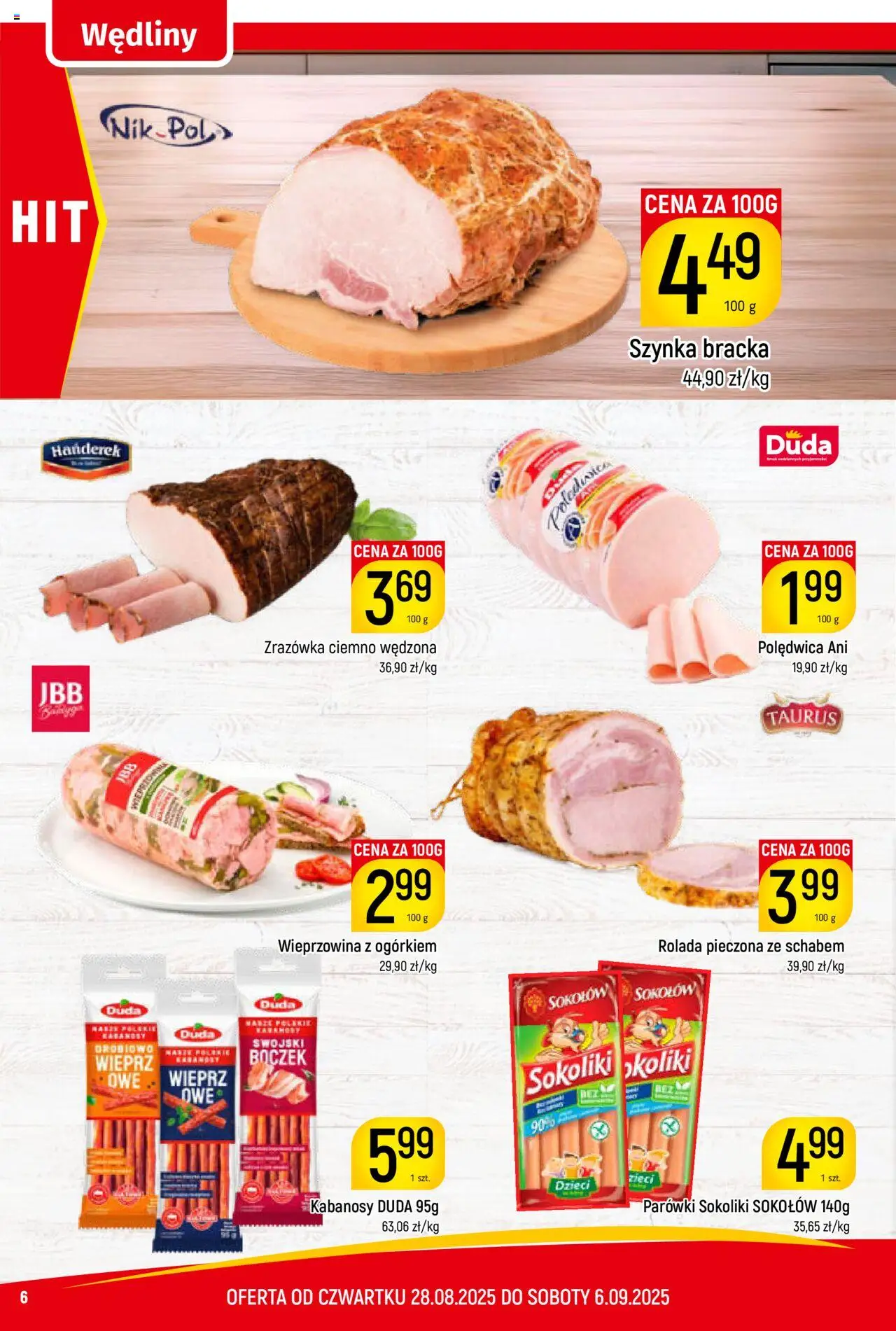 Piotruś Pan Gazetka od 28.08.2025 | Strona: 6 | Produkty: Parówki sokoliki, Kabanosy, Szynka, Wędliny