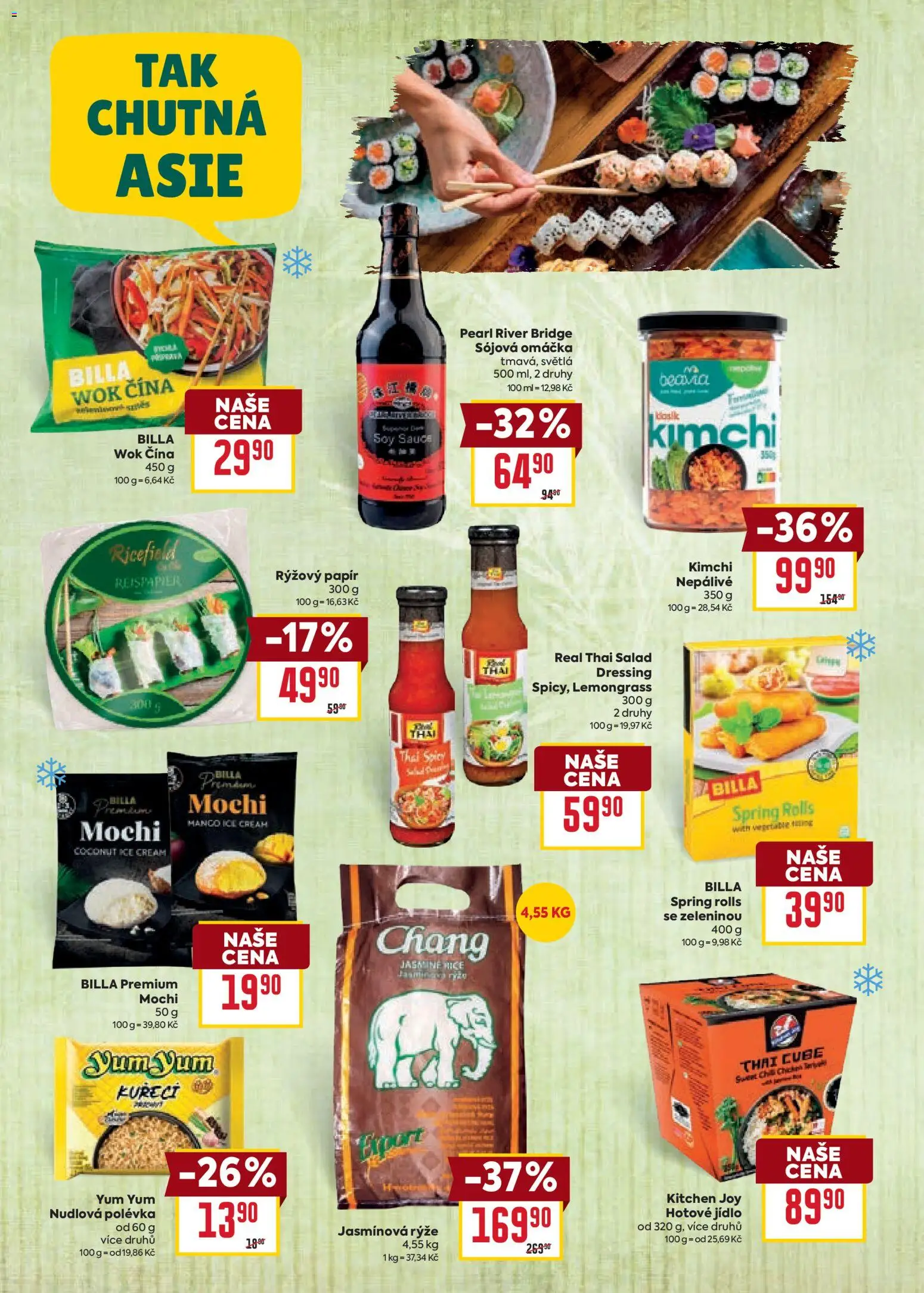 Billa leták - Chutě světa od 21.01.2026 | Strana: 22 | Produkty: Rýžový papír, Kimchi, Sójová omáčka, Jasmínová rýže