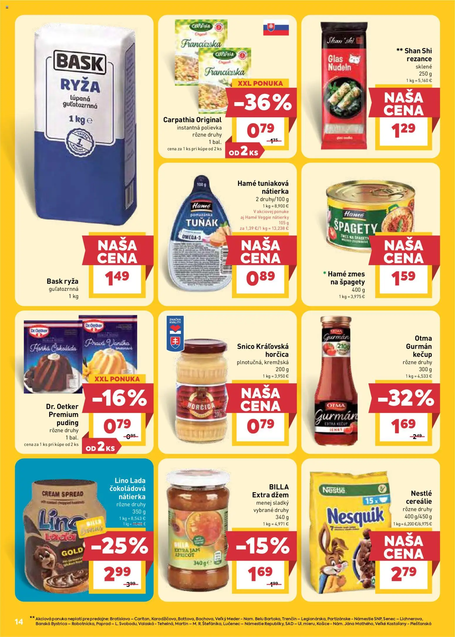 Nové Billa akcie – leták je platný od 15.04.2026 | Strana: 14 | Produkty: Ryža, Puding, Nesquik, Špagety