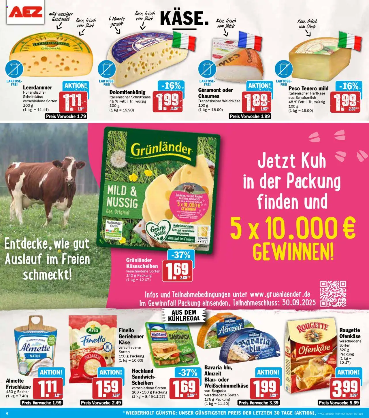 AEZ Prospekt 	 – gültig ab 15.09.2025 | Seite: 6 | Produkte: Almette, Käse, Leerdammer, Grunlander