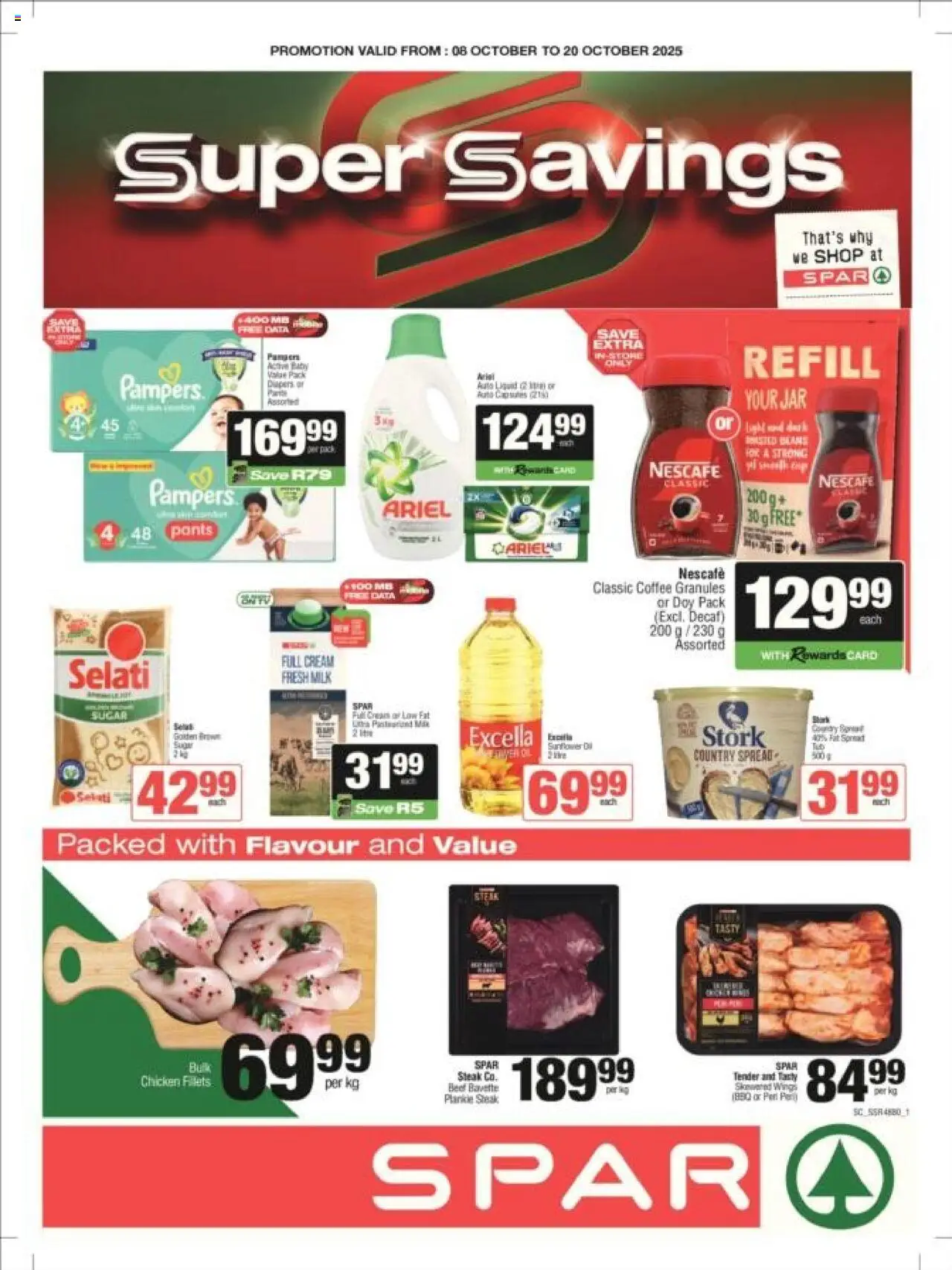 New Spar catalogue – valid from 08.10.2025 | Page: 1 | Products: Pants, Beans, Steak, Coffee