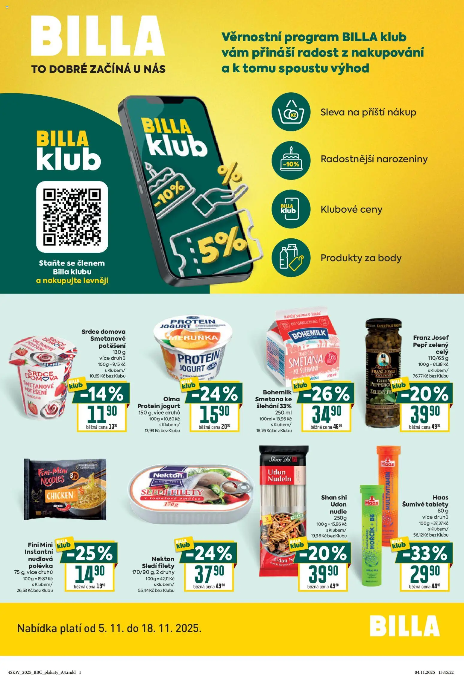 Billa leták - Bonus club od 05.11.2025 | Strana: 1 | Produkty: Hořčík, Jogurt, Body, Protein