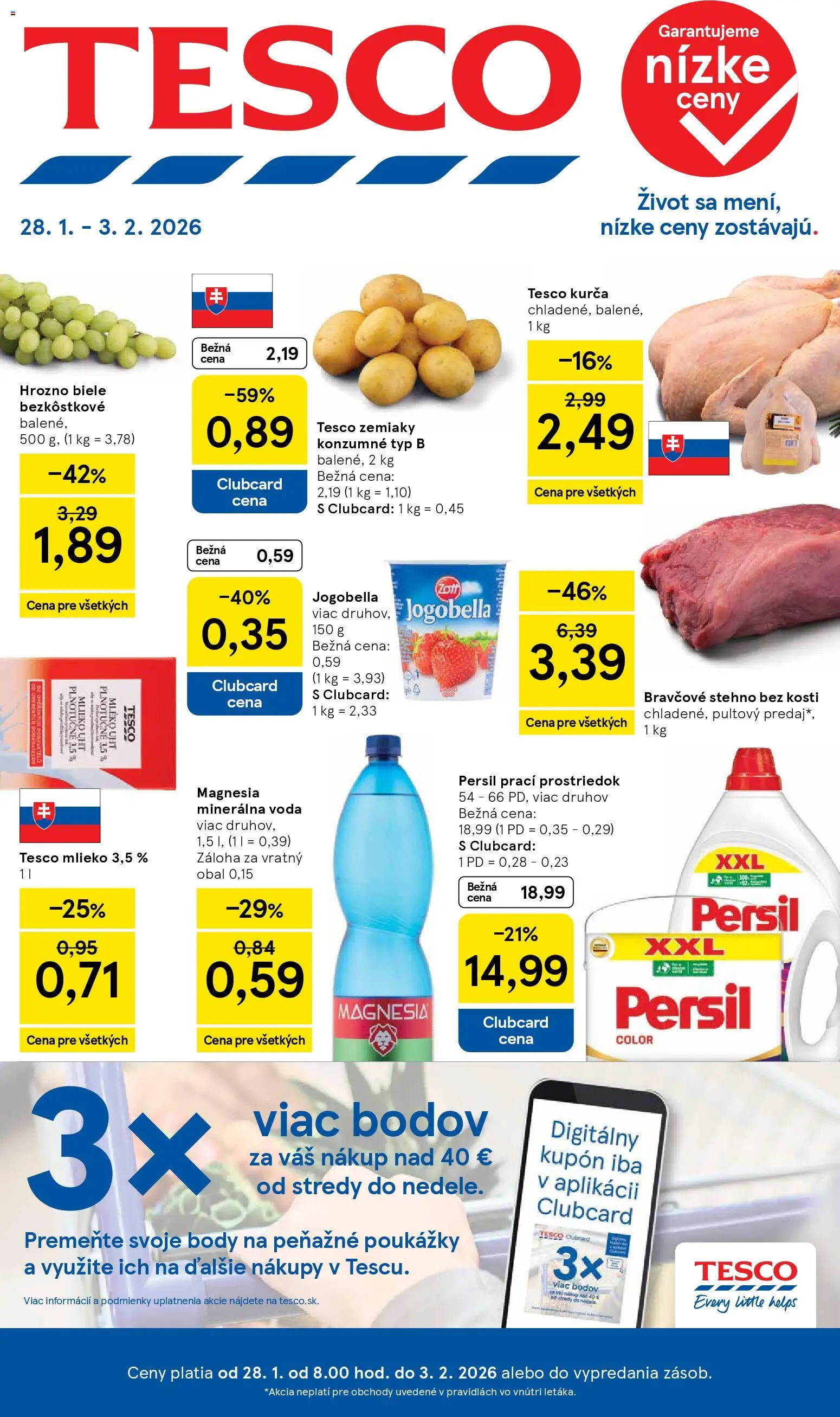 Nové Tesco akcie – leták je platný od 28.01.2026 | Strana: 1 | Produkty: Mlieko, Persil, Bravčové stehno, Zemiaky