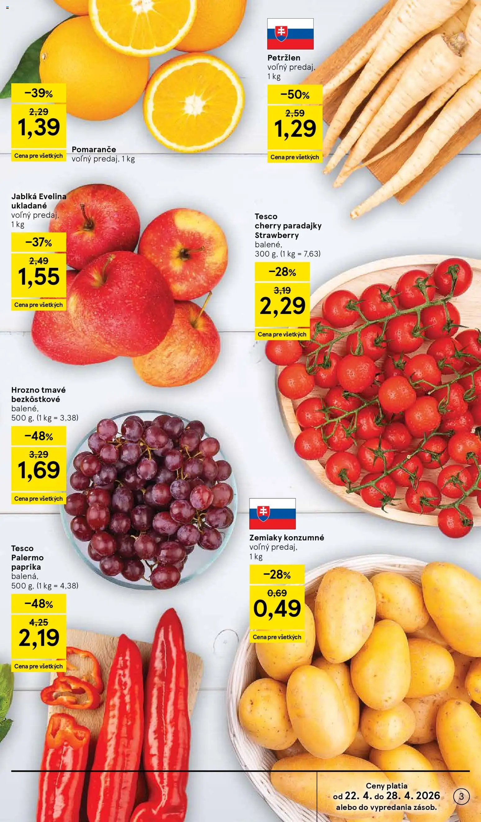Nové Tesco akcie – leták je platný od 22.04.2026 | Strana: 3 | Produkty: Pomaranče, Zemiaky, Cherry paradajky, Petržlen