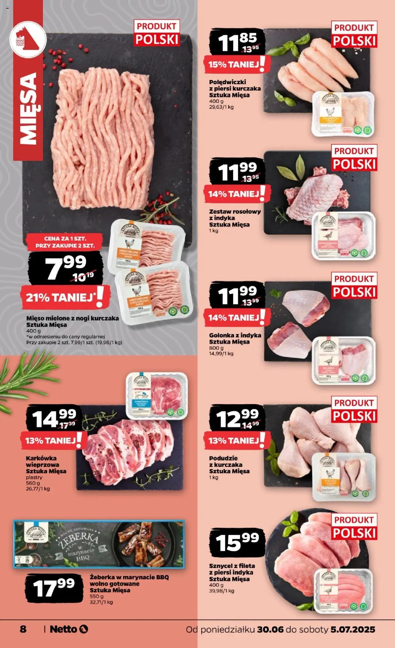 Netto gazetka - Spożywcza od 30.06.2025 | Strona: 8 | Produkty: Piersi, Karkówka wieprzowa, Podudzie z kurczaka, Wolno gotowane