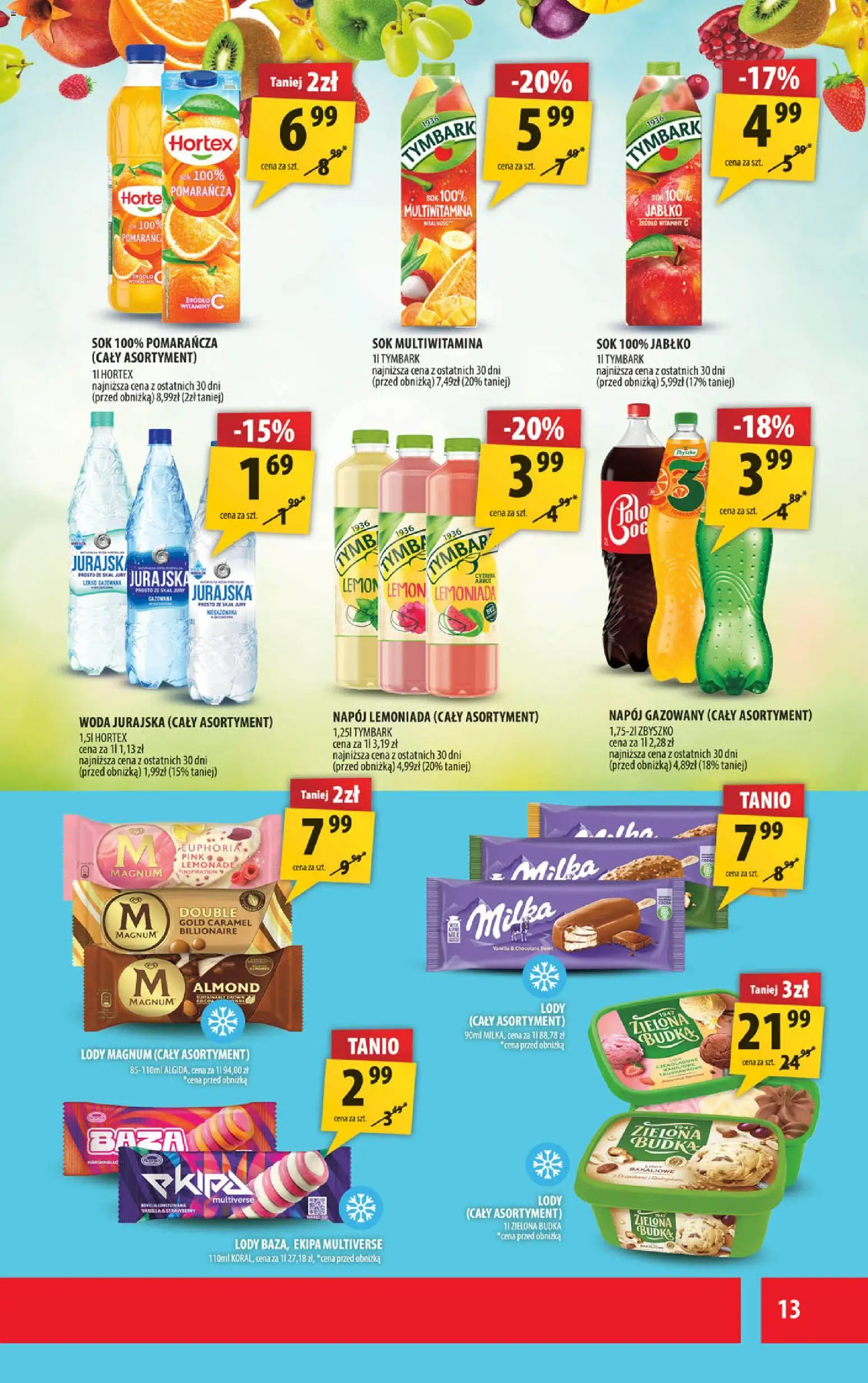 Arhelan gazetka od 08.04.2026 | Strona: 13 | Produkty: Sok multiwitamina, Milka, Lody, Woda