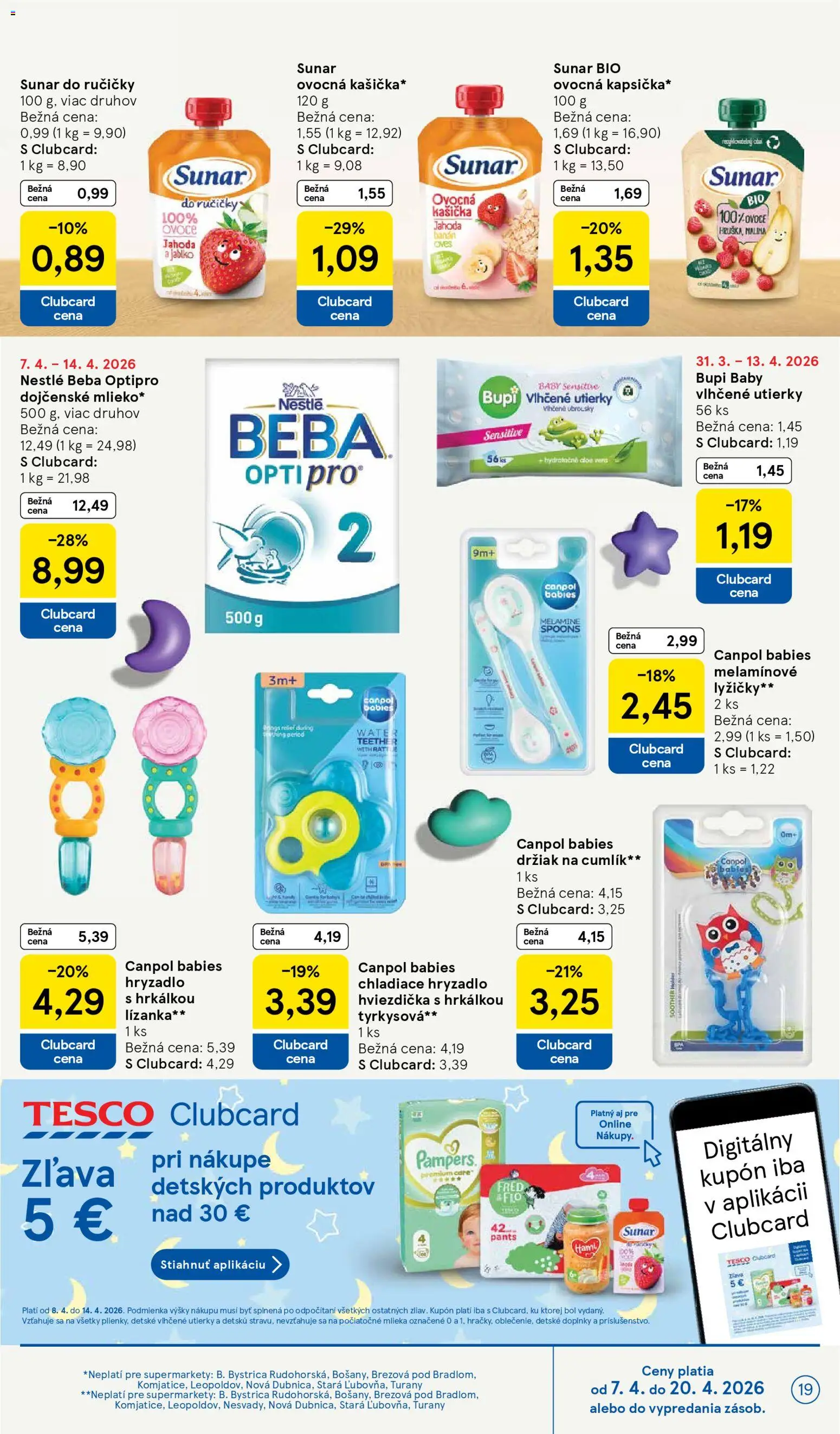 Nové Tesco akcie – leták je platný od 08.04.2026 | Strana: 19 | Produkty: Sunar, Pampers, Beba