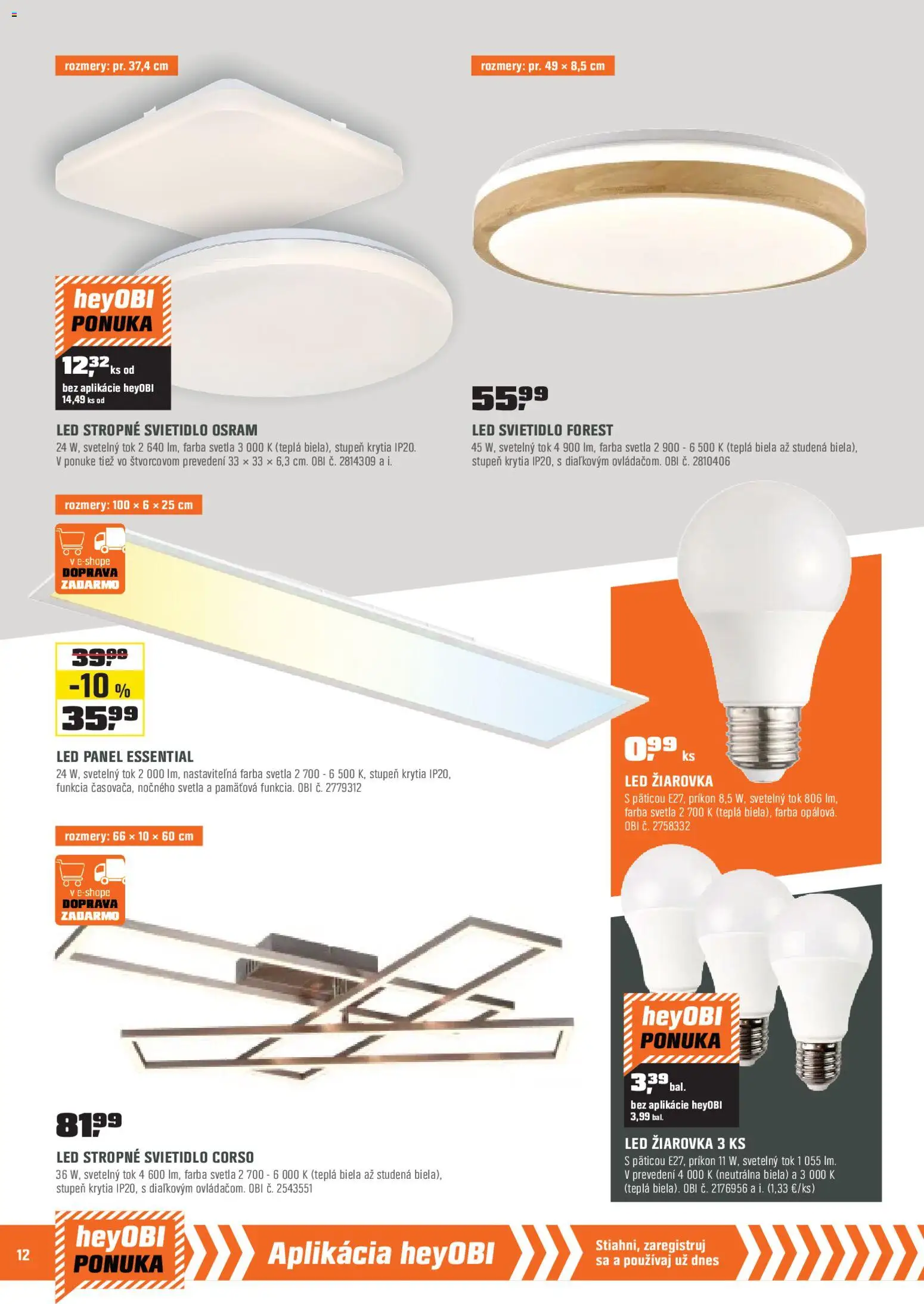 Nové OBI akcie – leták je platný od 02.01.2026 | Strana: 12 | Produkty: Stropné svietidlo, Led stropné svietidlo, Žiarovka, Svietidlo