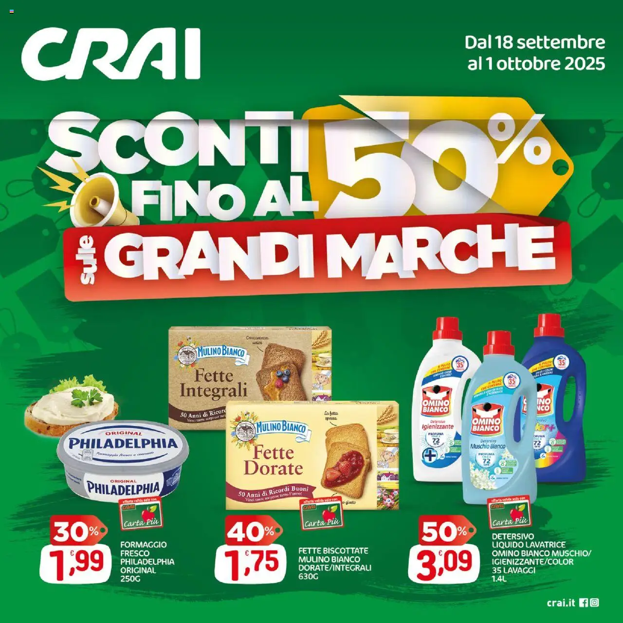Volantino CRAI del 18.09.2025 | Pagina: 1 | Prodotti: Formaggio, Lavatrice, Fette biscottate