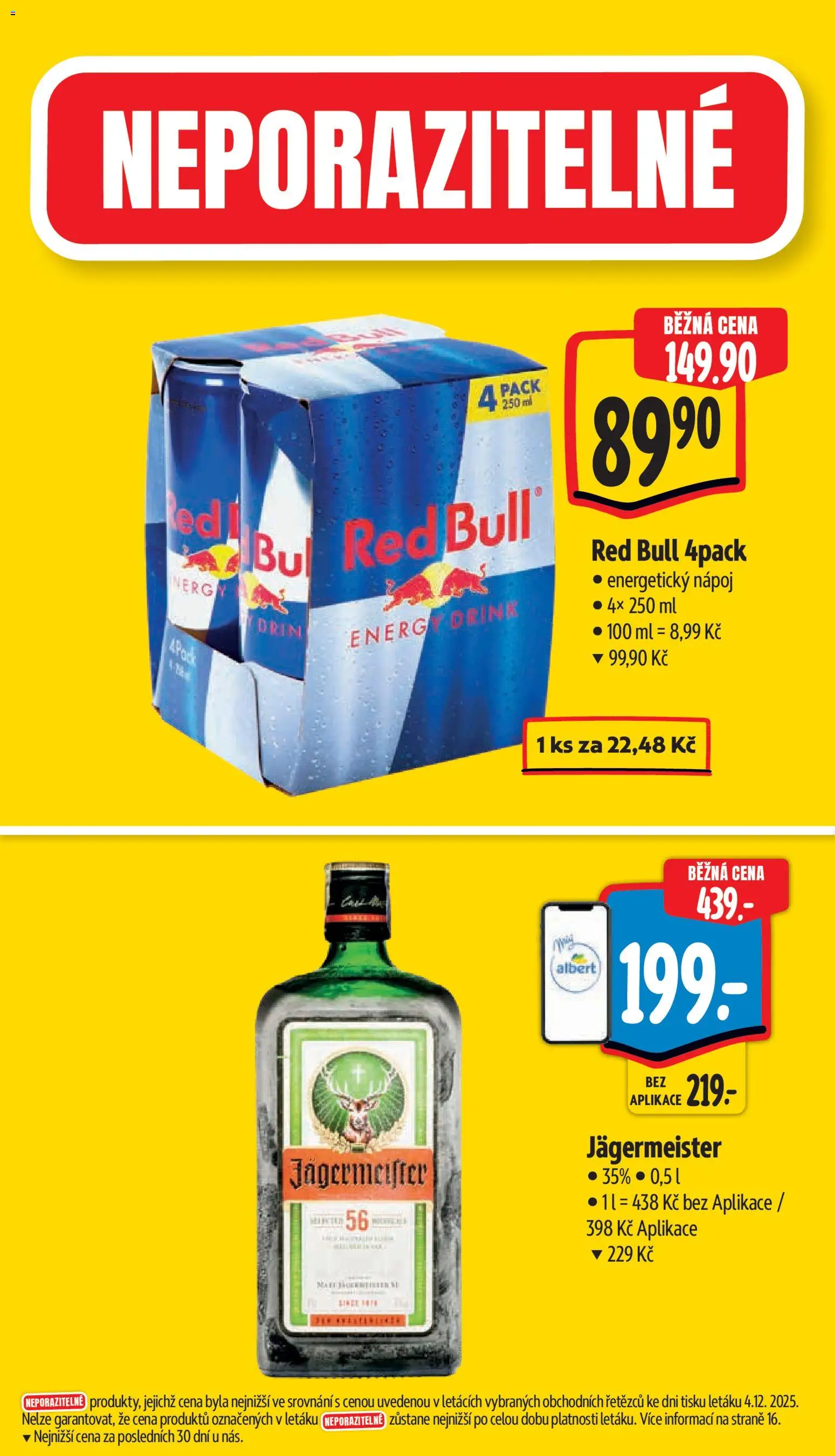 Albert leták - Supermarket od 10.12.2025 | Strana: 4 | Produkty: Jägermeister, Energetický nápoj, Red Bull, Energy drink