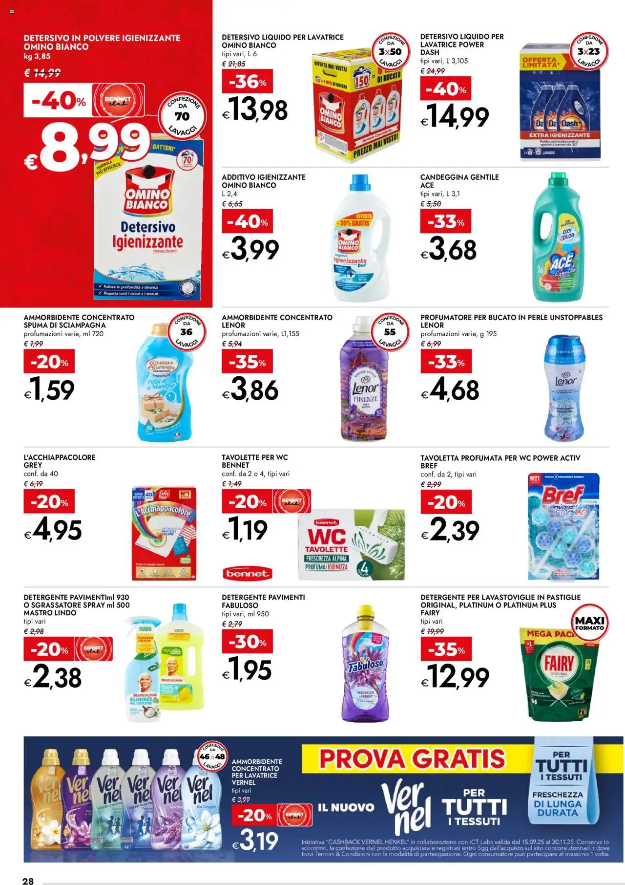 Volantino bennet del 25.09.2025 | Pagina: 28 | Prodotti: Detersivo in polvere, Candeggina, Lavatrice, Lavastoviglie
