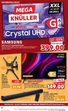 UHD-Smart-TV »GU58U8079FUXZG«, MetalStream-Design, 3.840 x 2.160 px, Crystal-Prozessor 4K für 4K-Upscaling, DVB-T2/-C/-S2, 3 x HDMI, USB, LAN, WLAN, CI+, Bluetooth, 20 W (RMS), VESA 200 x 200 mm je ab 02.01.2026 gültig | Seite: 38 | Produkte: Samsung, Smart TV, Soundbar, TV