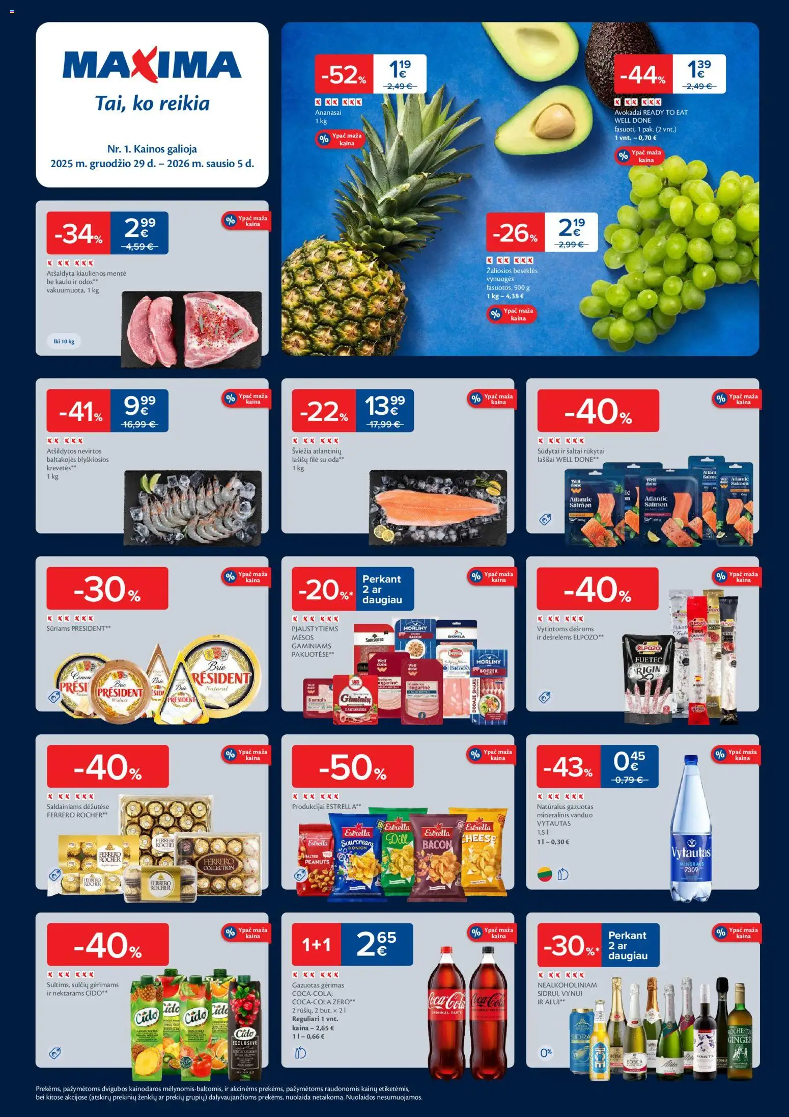 MAXIMA akcijos nuo 29.12.2025 | Puslapis: 1 | Prekių: Kiaulienos, Avokadai, Lašišų filė, Mineralinis vanduo