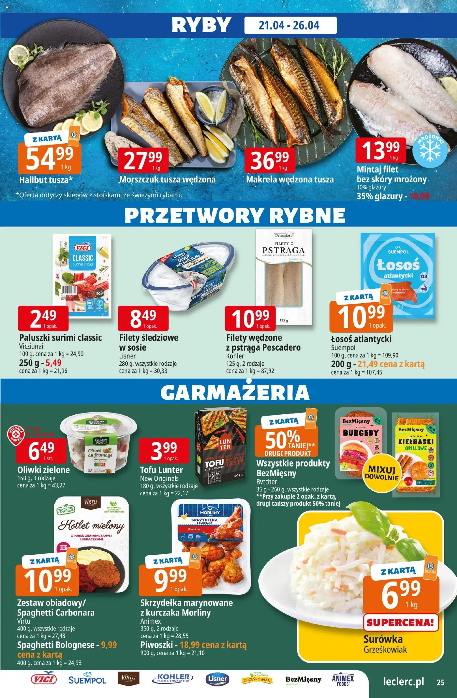 E.Leclerc gazetka - Wrocław od 21.04.2026 | Strona: 25 | Produkty: Halibut, Makrela, Paluszki surimi, Paluszki