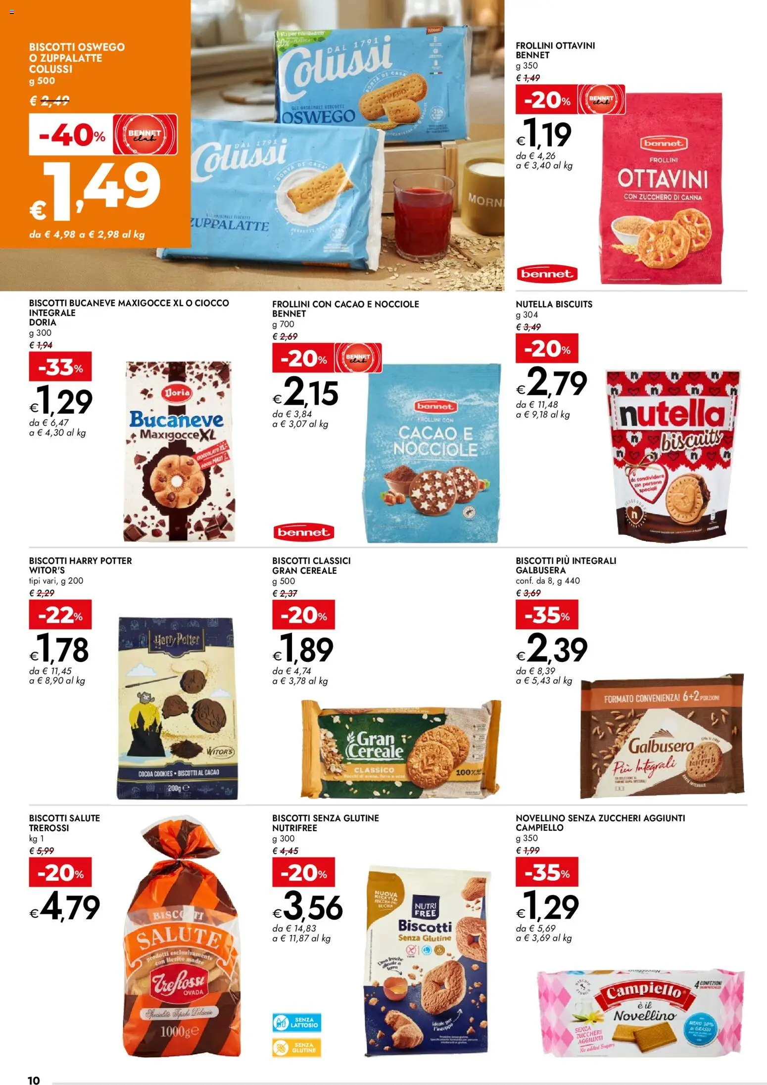 Volantino bennet del 19.02.2026 | Pagina: 10 | Prodotti: Biscotti senza glutine, Zucchero, Nutella, Frollini